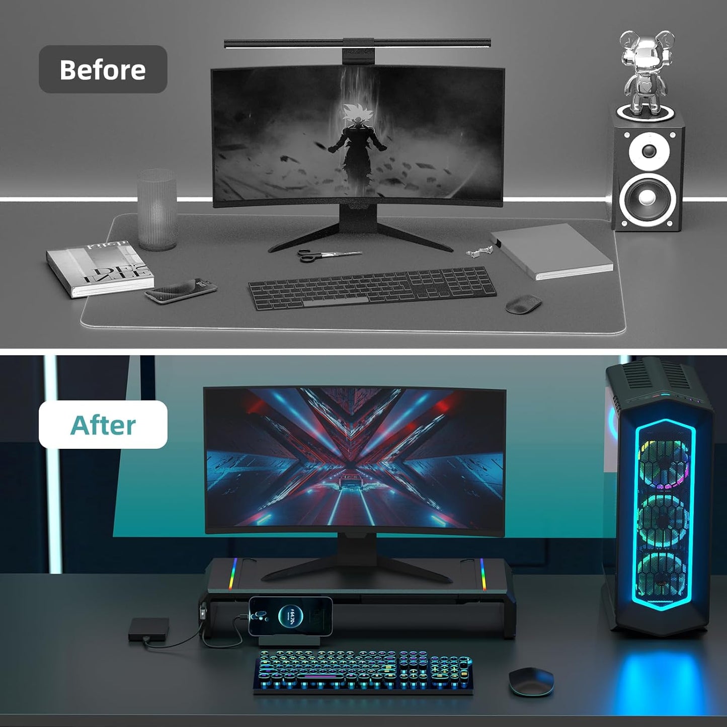 Heymaster Gaming Monitor Stand Riser with RGB Light, USB HUB Type-C Data Port, Adapter Charging, Foldable Adjustable Length Computer Monitor Phone Stand Storage Drawer & Pen Slot
