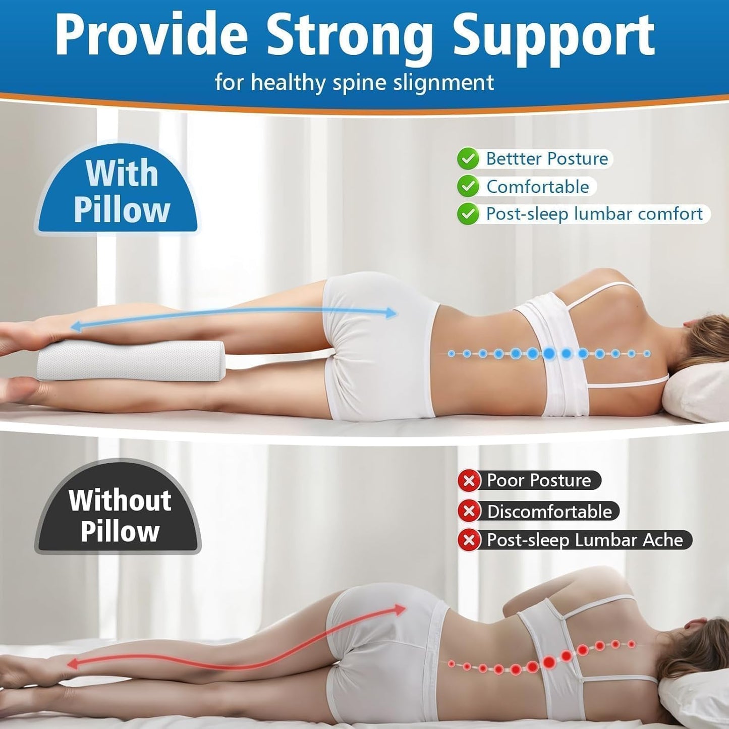 Large Knee Pillow for Side Sleepers, Half Moon Memory Foam Bolster Pillow for Legs, Ergonomic Design Wedge Elevation Pillow for Side & Back Sleeping, Under Knee Support, Foot, Ankle, Lumbar, White