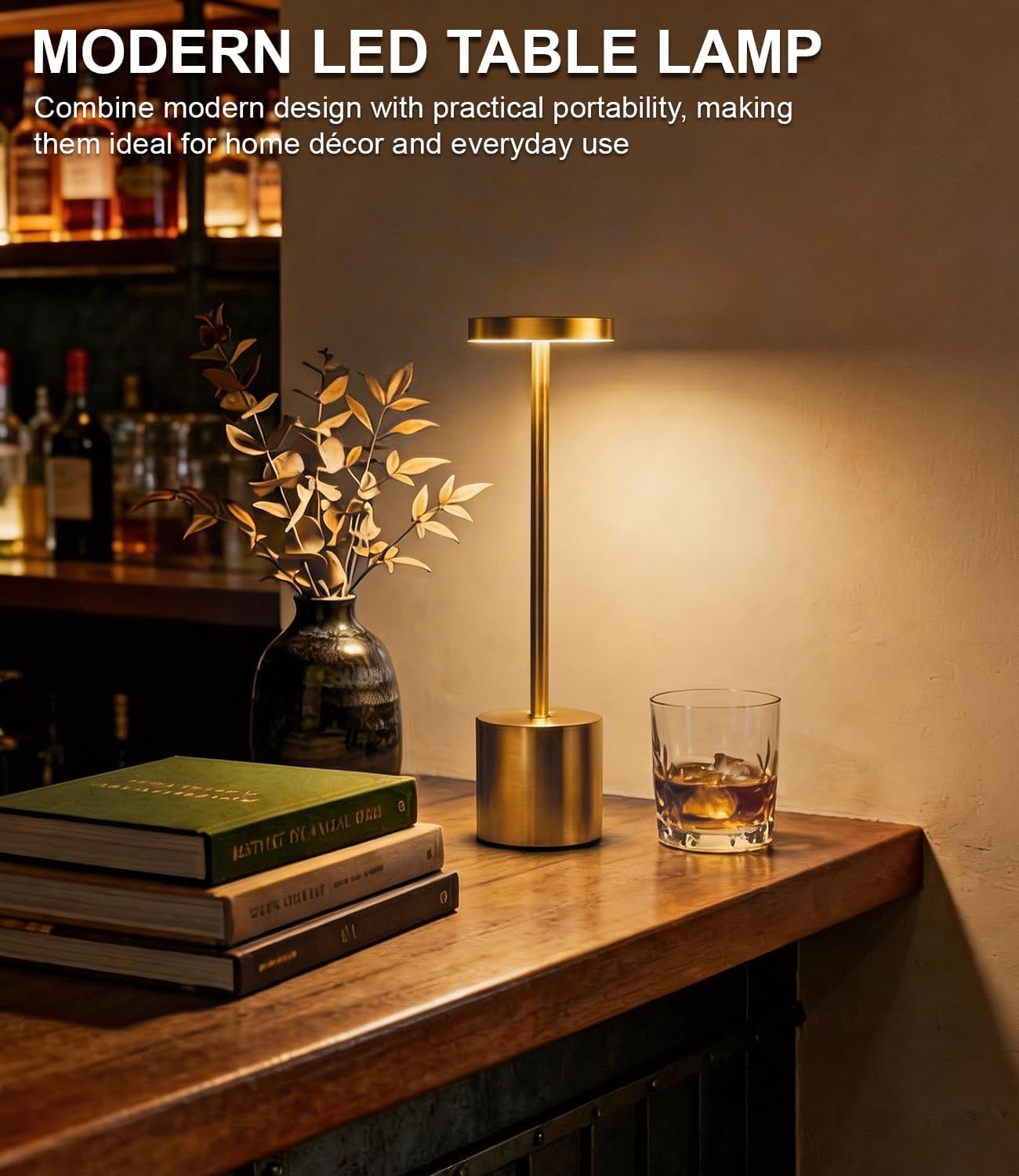 Cordless Table Lamp Set of 2, Gold 5000mAh Rechargeable Battery Operated Lamps, Wireless 3 Color Dimmable Touch Lamp Table Light for Restaurant Dining Patio Outdoor, Home Decor