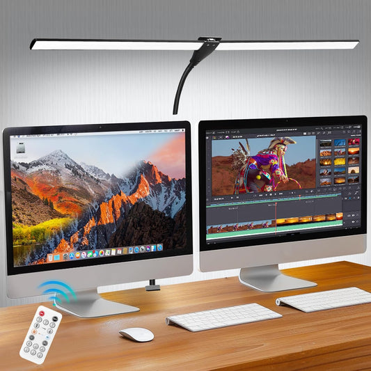 LED Desk Lamp for Home Office, 50 Brightness & Temperature Modes, Eye Protection, Dual Head Dimmable Table Light, 360° Adjustable Gooseneck with Clamp Remote Control, 90% Energy Saving (Black)
