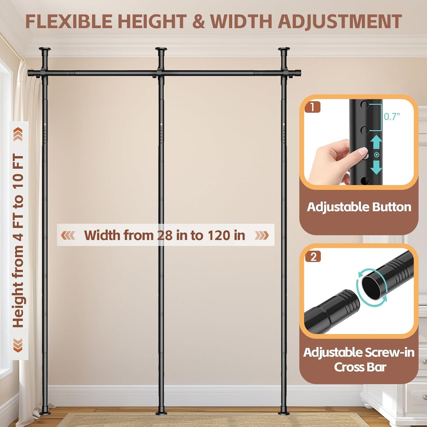 Room Divider Curtain Rod - No Drilling Partition Room Dividers for Room Separation,4-10ft (H) 28-120inch(W) Adjustable Floor to Ceiling Portable Room Divider Wall Partitions Space Separator