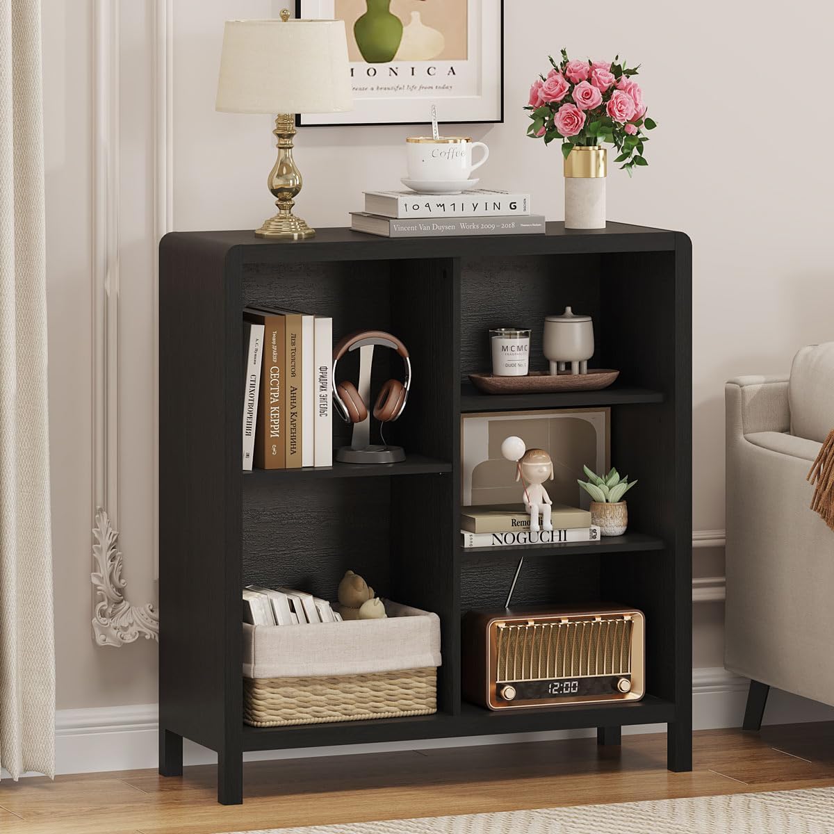 FATORRI 5 Cube Bookshelf, Wood Bookcase with 3 Adjustable Shelves, Farmhouse Cube Storage Organizer Shelf for Small Space Bedroom Living Room (Black)