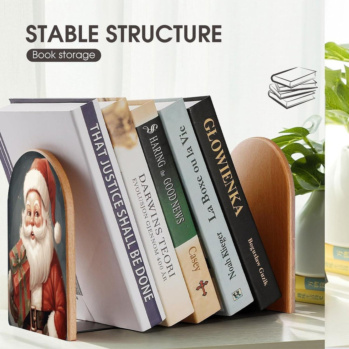 Santa Claus with Box Wooden Bookend Non-Slip Book Ends Heavy Duty Book Stopper with Metal Base Books Holderd Decorative Bookends Stands Firmly for Office Supplies