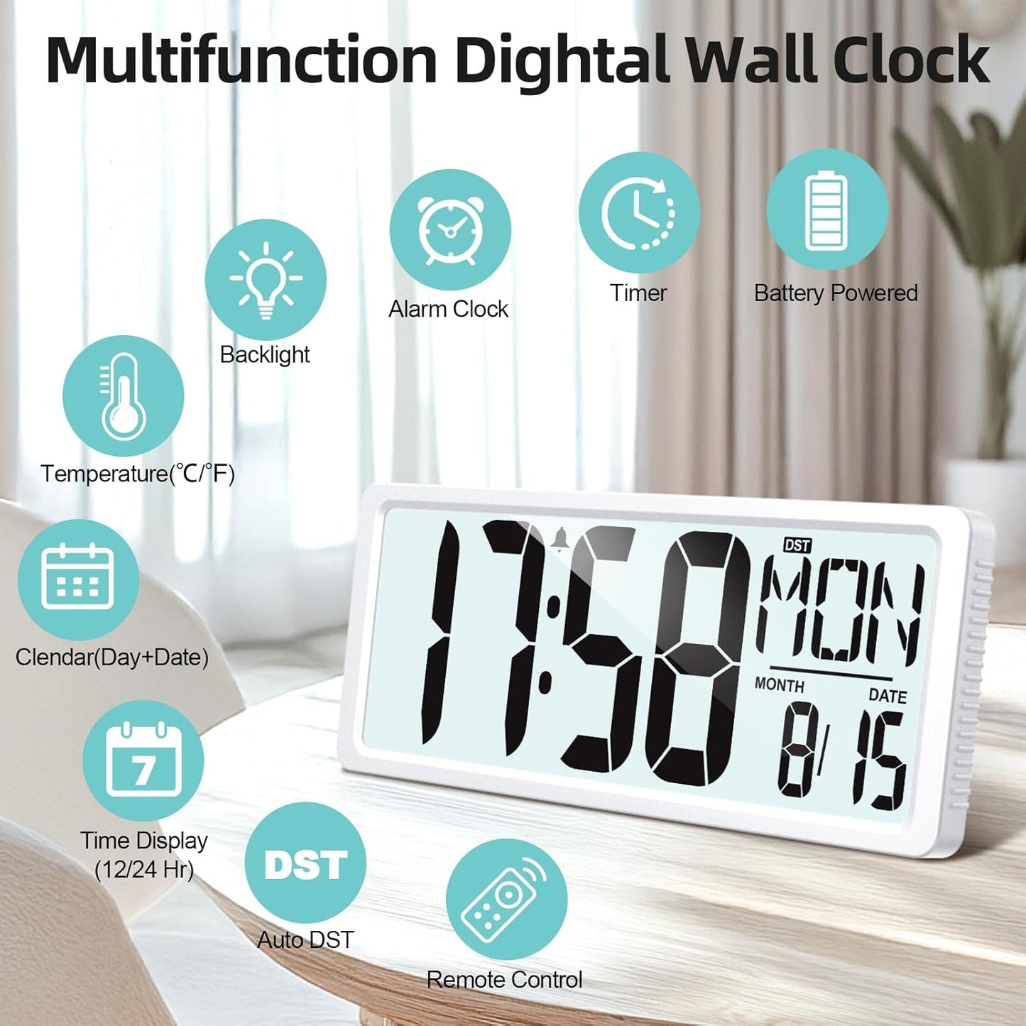 XREXS Large Digital Wall Clock Battery Operated with Backlight, 15" LED Large Display Timer with Temperature Date Week Auto DST Adjustable Brightness, Alarm Clock for Classroom, Livingroom, Office