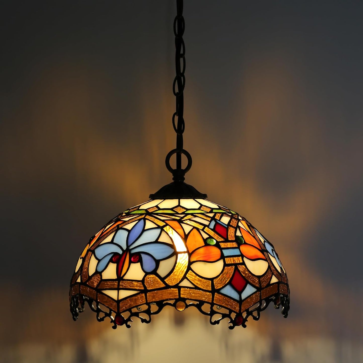 Tiffany Pendant Light Plug-in Stained Glass Hanging Lamp 12”x12”x181” Yellow Phoenix Tail Swag Light Vintage Lamp Decorative Lighting for Dining Room Living Room Kitchen Hallway