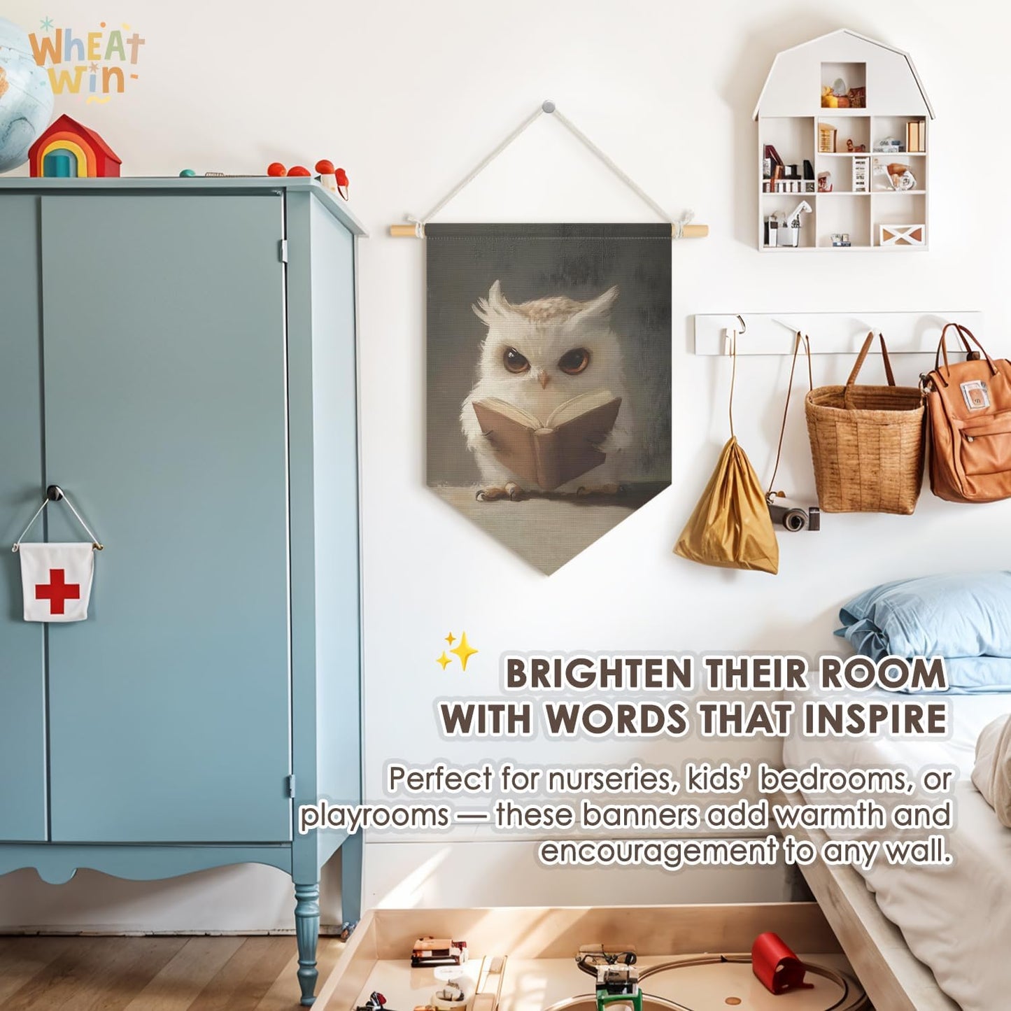 Wheatwin Kids Room Decor, Cute Owl Reading Book Wall Hanging Pennant Flag Banner, Owl Wall Decor for Boys Girls Toddler Nursery Reading Corner Nook Room Bedroom Classroom 15x11 Inch