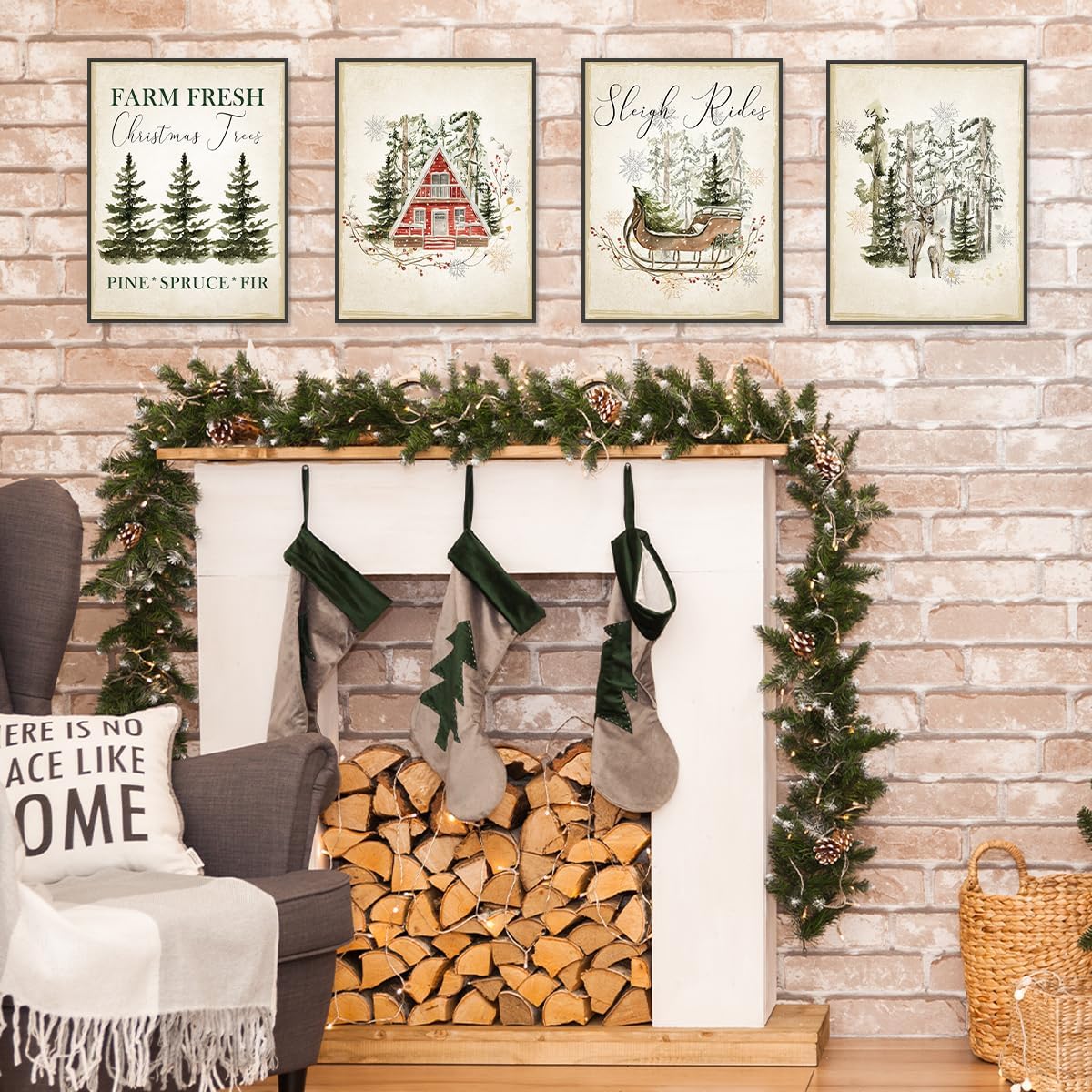 ETVISO Vintage Christmas Wall Art Prints Set of 4, Retro Christmas Trees Poster, Winter Holidays Gift Print Decor for Gallery, Living Room, Bathroom, 12x16 (Unframed)