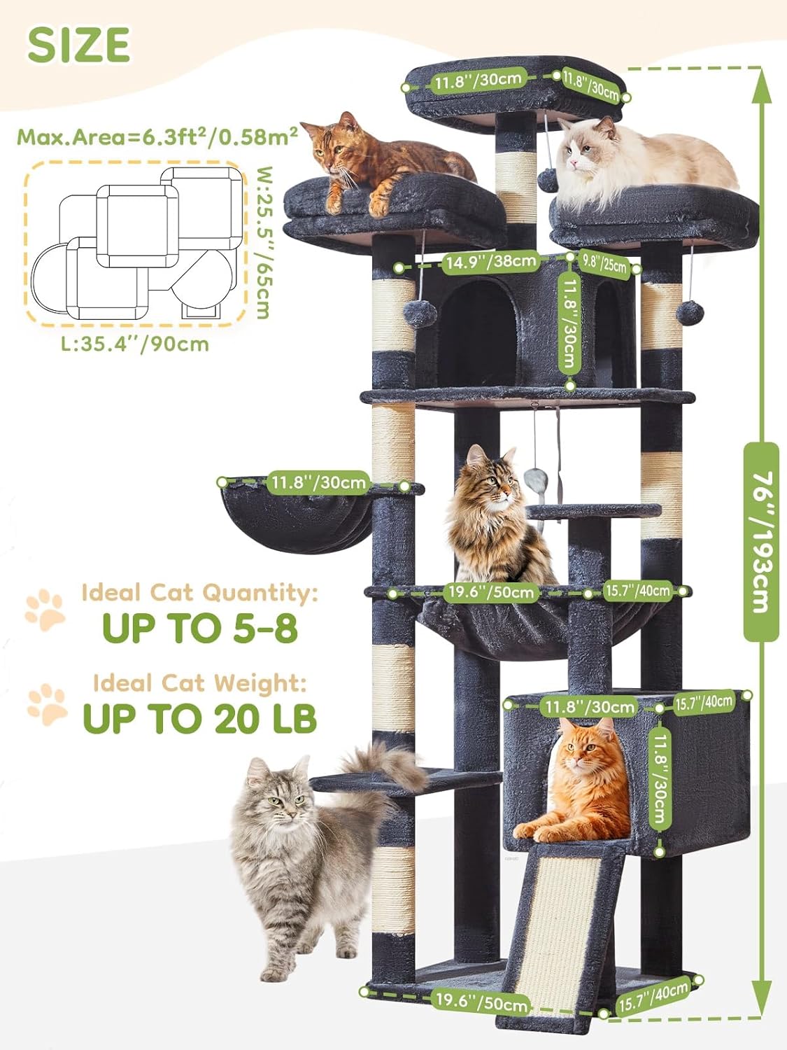 Taoqimiao 76-Inch Cat Tree XXL for Large Cats, Giant Cat Tower with Scratching Board, Extra-Large Metal Hammock, 3 Perches, 7 Sisal Posts, 2 Big Condos, Hanging Basket, Smoky Gray, MS047G