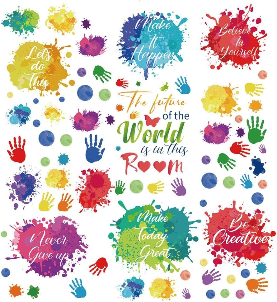 PLIGREAT 9 Sheets Colorful Inspirational Quotes Window Stickers, Watercolor Ink Handprints Window Clings Peel and Stick Windows Decals for Nursery Bedroom Classroom Sliding Glass Door Home Decor
