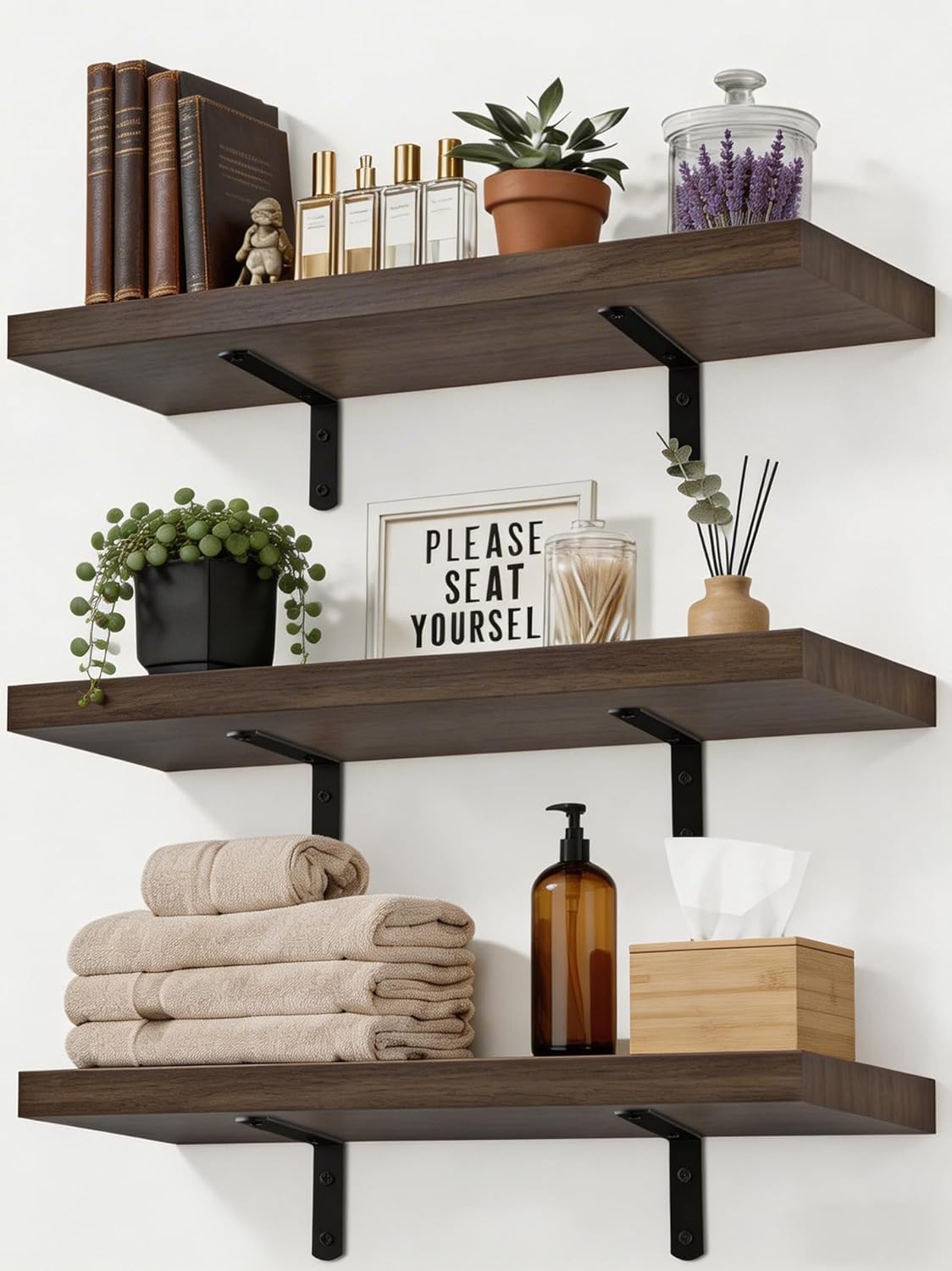 LifetimeWarranty Easy Install Wall Shelves with Brackets,15.7 Inch Wall Mounted Wood Floating Wall Shelf, Small Wall Shelf for Storage&Home Decor, Living Room,Kitchen,Office,Book Corner Shelf,Set of 3