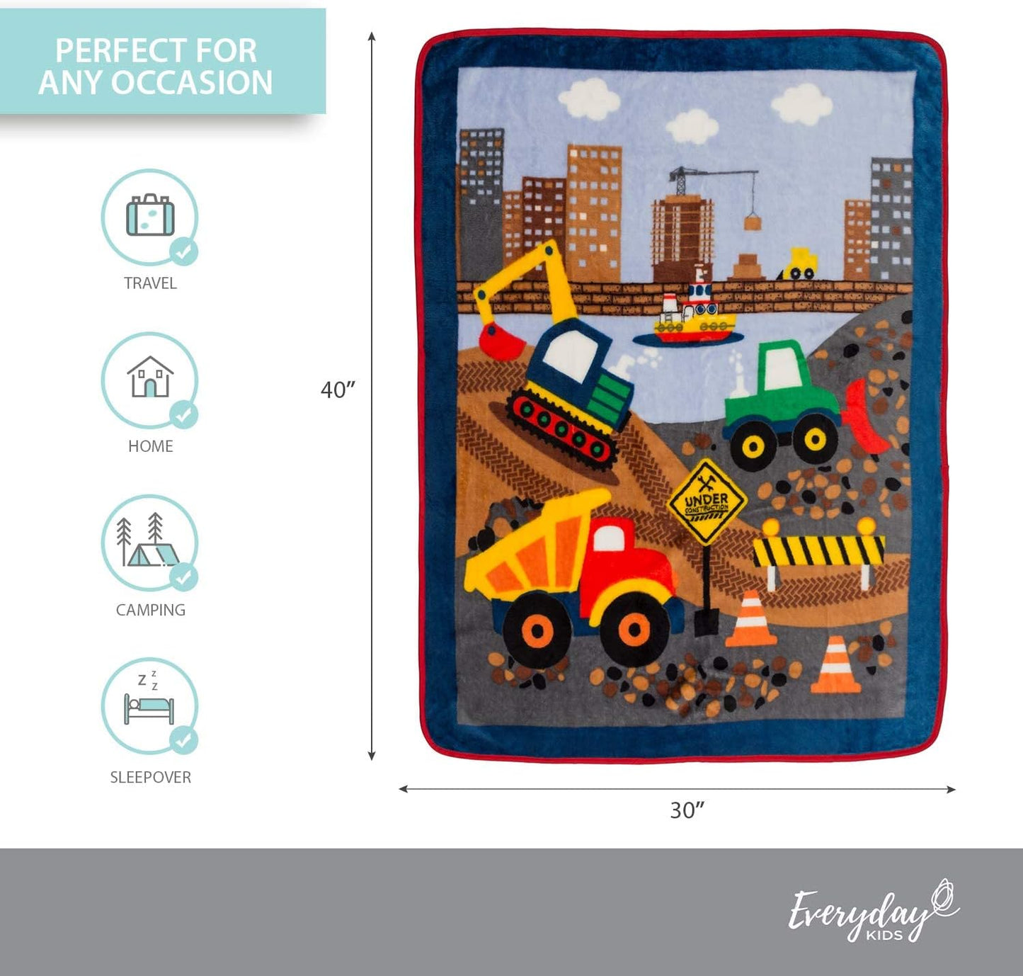 EVERYDAY KIDS Toddler Throw Blanket - 30" by 40" - Under Construction - Super Soft, Plush, Warm and Comfortable