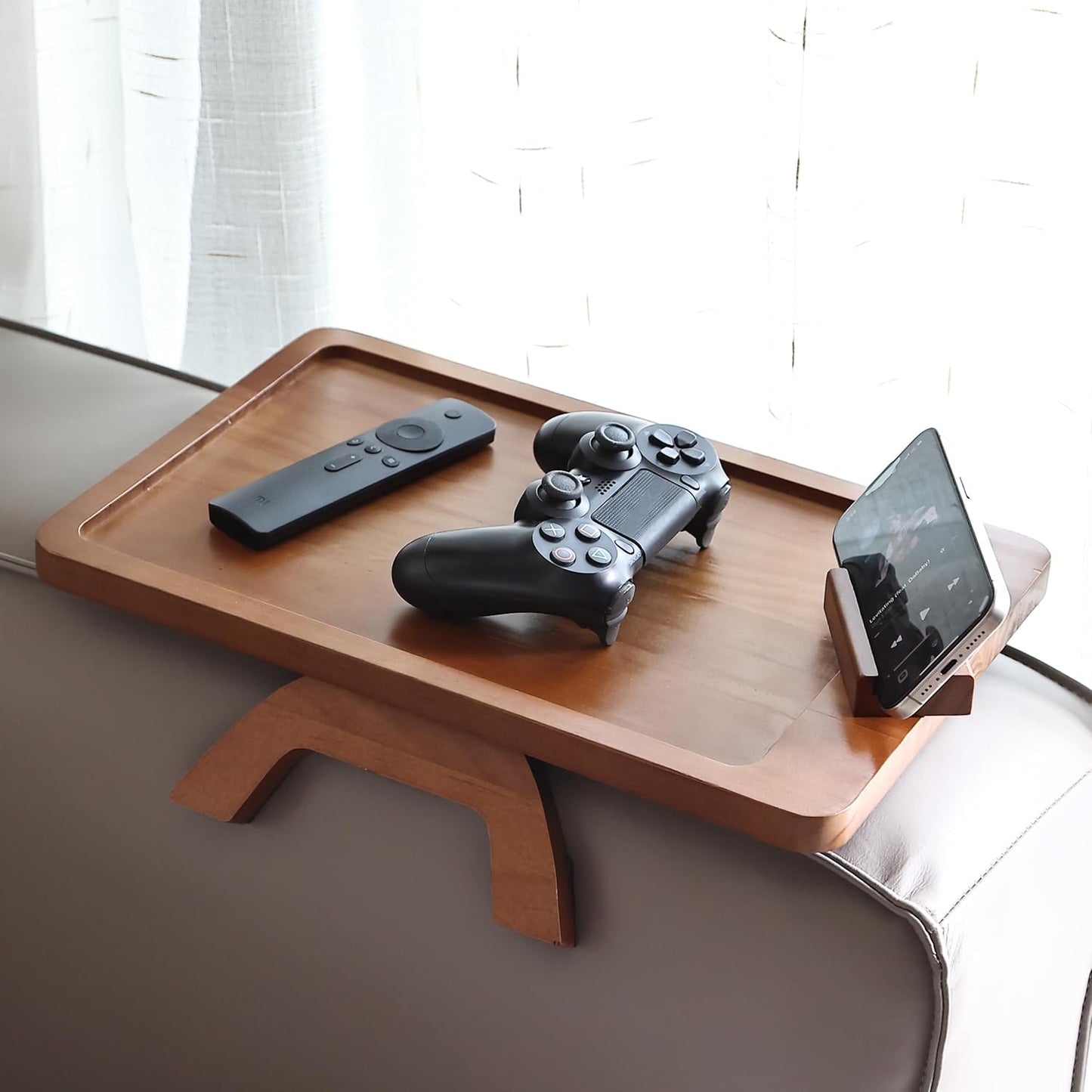 BAMBOO LAND- Couch Arm Tray, Wooden Folding Couch Armrest Table, Rectangular Clip-On Sofa Arm Tray with 360° Rotating Phone Holder