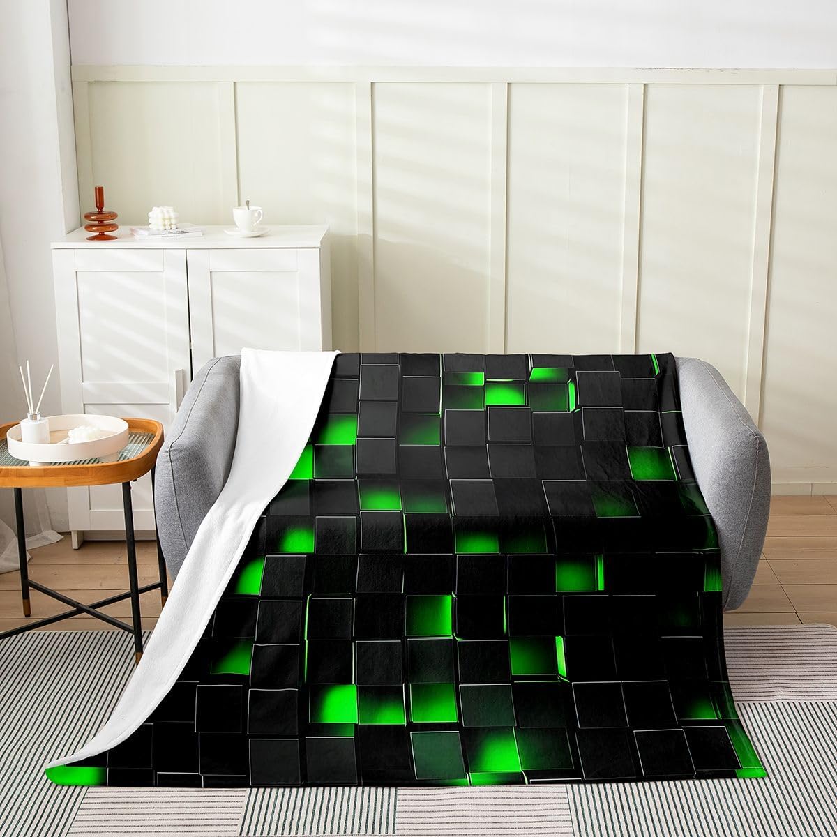 Castle Fairy Neon Green Black Flannel Blankets,Geometric Honeycomb Fleece Blanket,Kids Girls Boys Adult 3D Square Block Fuzzy Blankets Cool Modern Sherpa Blanket Chair Sofa Bed Decor,60"×80"