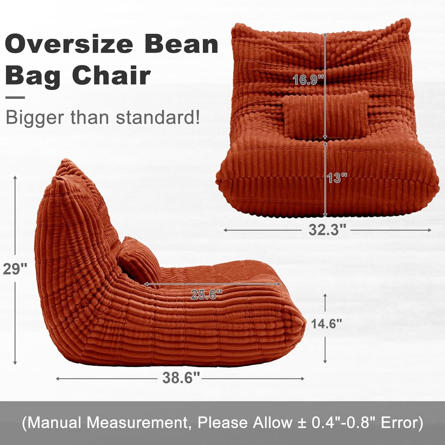 Bean Bag Chair with Lumbar Pillow, Gaint Bean Bag Chairs for Adults, Oversized Corduroy Beanbag Chair with Memory Foam Filled, Lazy Floor Sofa for Reading Gaming Living Room Bedroom (Orange)