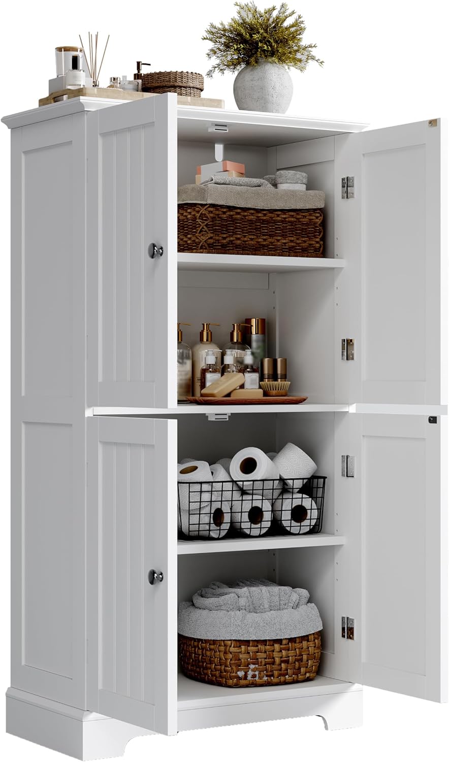 ChooChoo Bathroom Floor Cabinet, Modern Bathroom Storage Cabinet with 4 Doors and Adjustable Shelves, Freestanding Cupboard for Living Room, White
