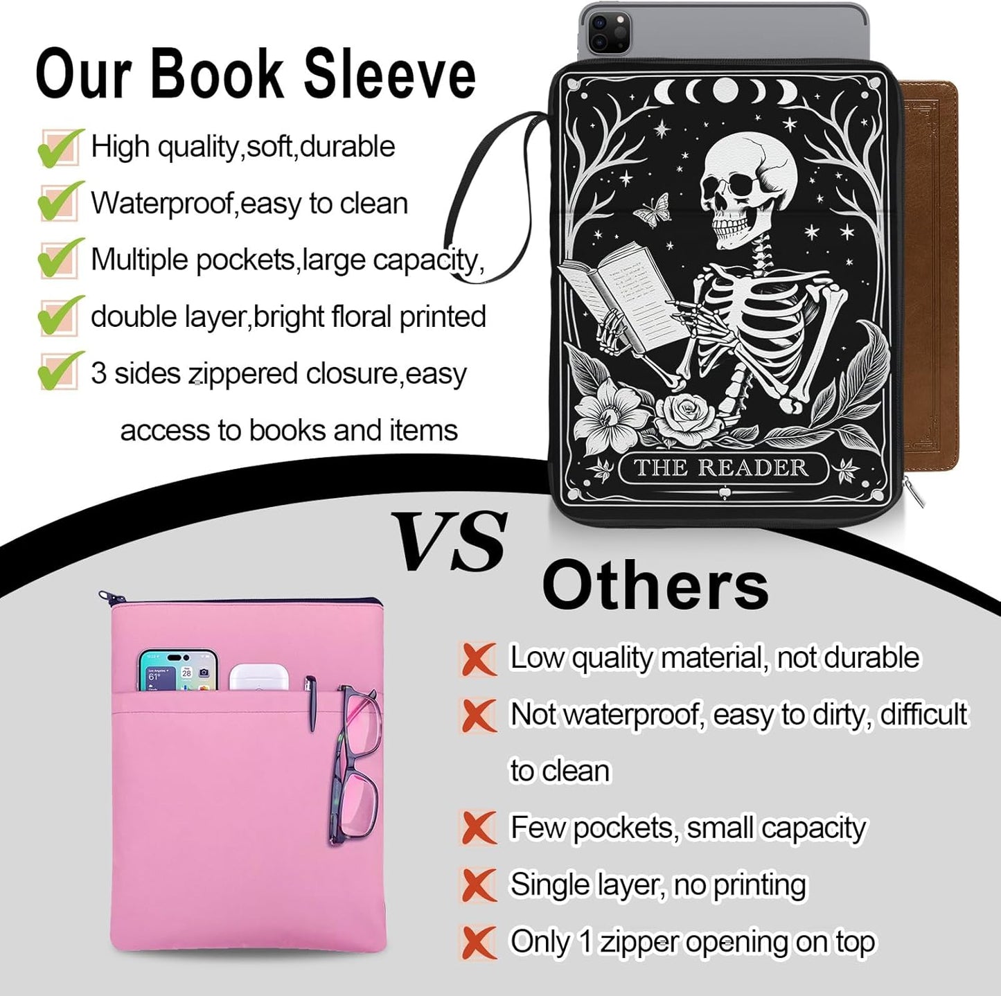 Skull Book Sleeve for Book Lovers, Paperback Book Protector Case, PU Leather Waterproof Book Pouch with Zipper, Gothic Skeleton Print Book Carrying Case for Hardcover, Book Cover for Men Boys