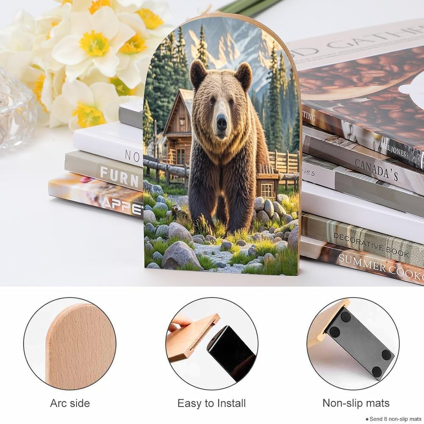 Rustic Lodge Bear Bookends 1 Pair Heavy Duty Book Ends for Shelves Non-Skid Bookend Supports Wooden Book Holders with Metal Base Desk Organizers Books Storage to Hold Books
