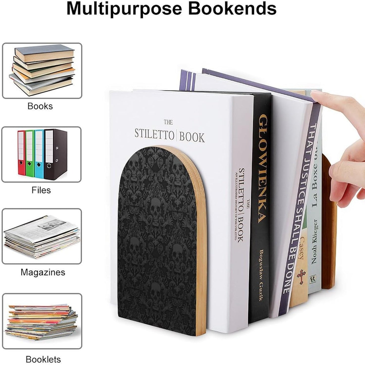 Gothic-Wallpaper-for-Walls-Skull-Damask Wooden Bookend Non-Slip Book Ends Heavy Duty Book Stopper with Metal Base Books Holderd Decorative Bookends Stands Firmly for Office Supplies