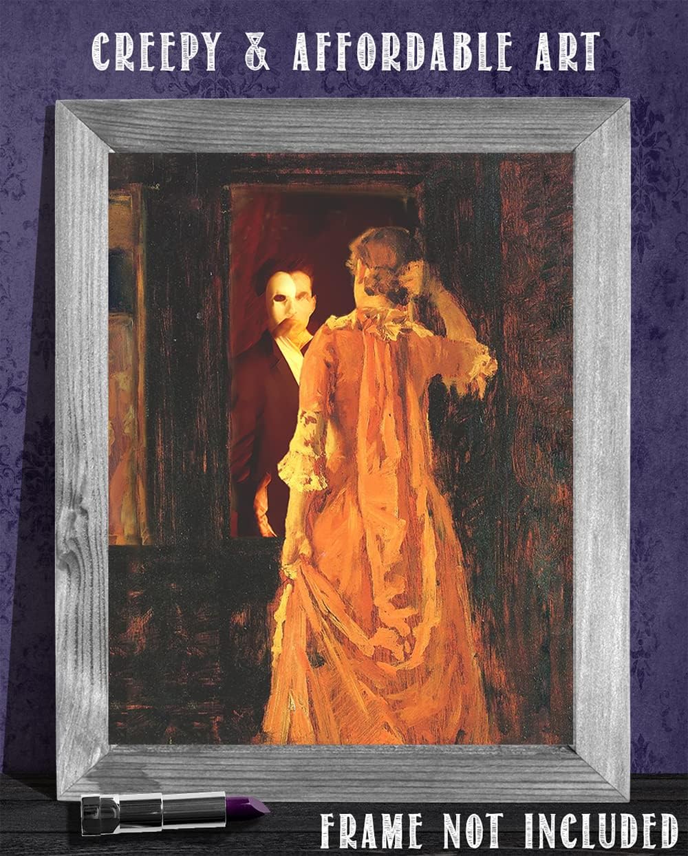 Masked Phantom 11x14 Unframed Print – Gothic Romantic Wall Art, Vintage Mirror Scene, Mysterious Masked Man and Woman, Dark Academia Decor, Baroque Theater-Inspired Poster for Home or Library