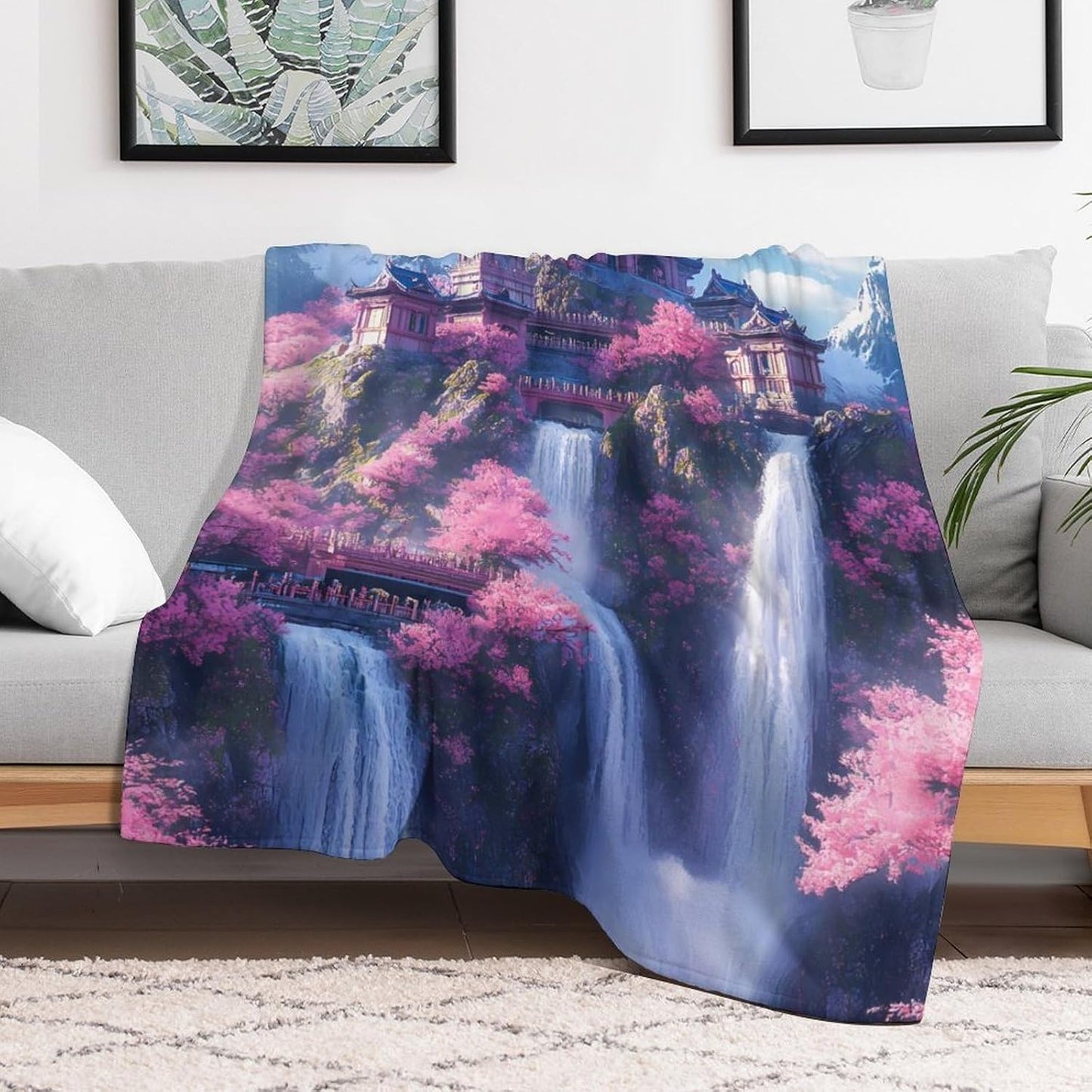 Japanese Building On Mountains Waterfall Throw Blanket for Couch Bed Plush Cozy Fuzzy Flannel Blanket for All Season 55"x70"