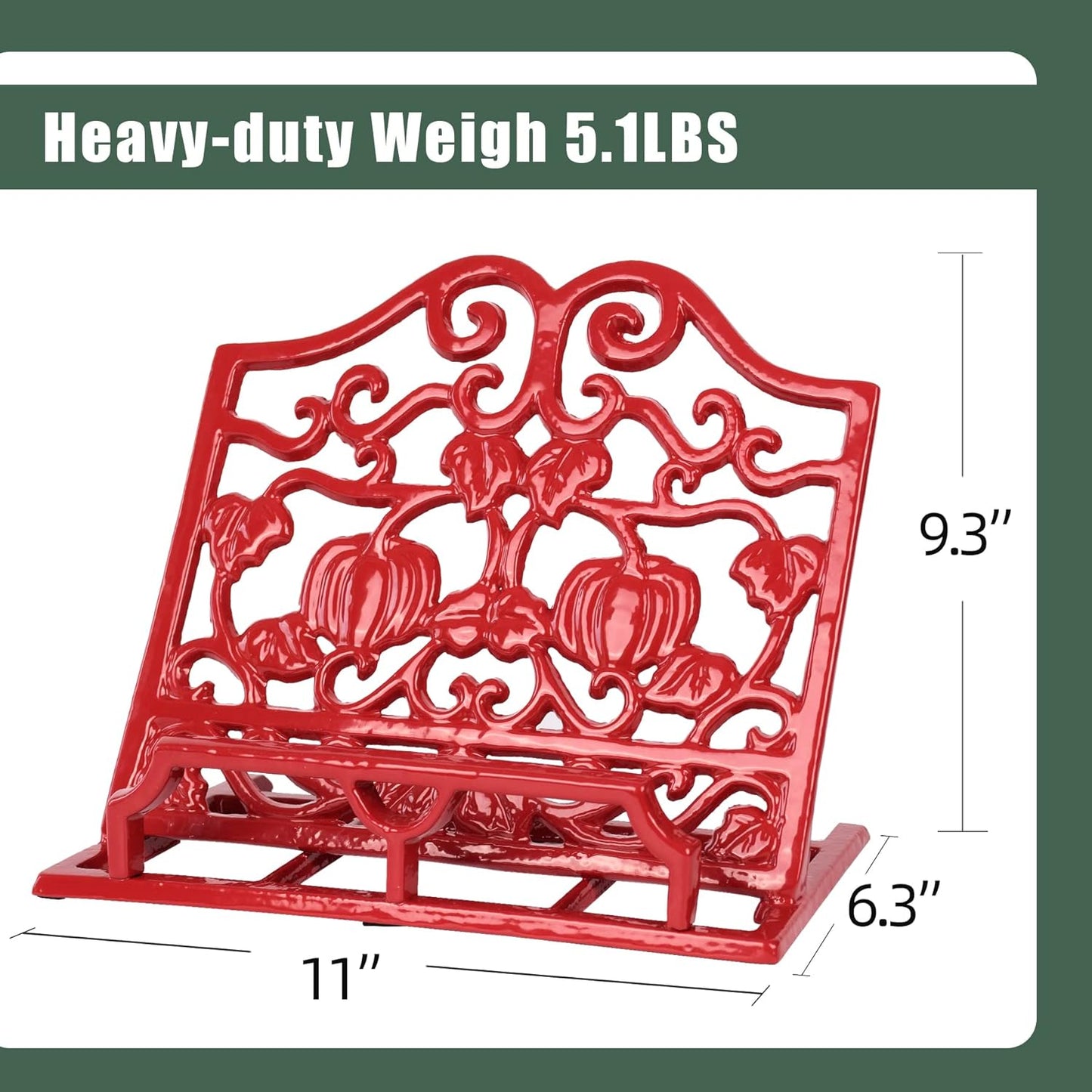 Vintage Cookbook Stand, Robust Wrought Cast Iron Recipe Book Holder for Kitchen Counter, Large Metal Cook Book Stand with Pumpkin Design, Red