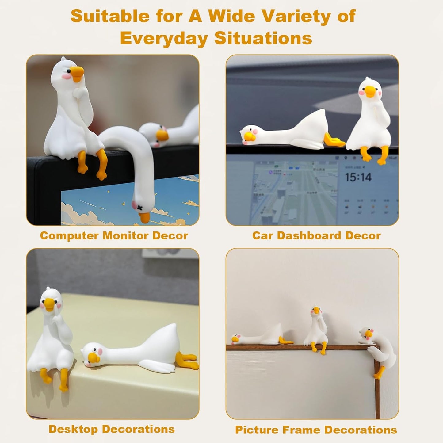 4 PCS Resin Goose Figurine Computer Monitor Decor,Cute Mini Goose Statues for Car Dashboard,Funny Desk/TV/Photo Frame Decorations (White Goose)