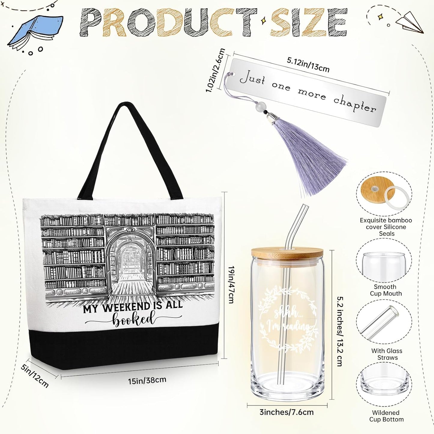 Inbagi 3 Pcs Book Lover Gift, Book Club Accessories, Bookish Gifts for Readers Librarians Bookworms Teachers Friends Cute Birthday Gift, 1 Canvas Tote Bag, 1 Metal Bookmark and 1 Glass Cup