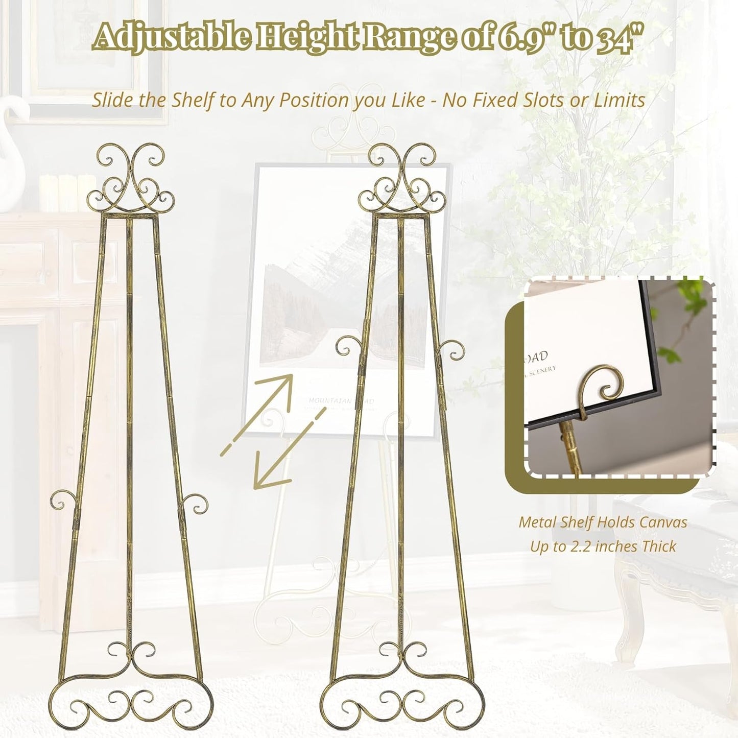 57”H Metal Easel Stand for Sign Rustic, Upgrade Large Free Standing Adjustable Display Scroll Easel Stand, Heavy Duty for Mirror Pictures Wedding Holder Showcasing with Chain Support