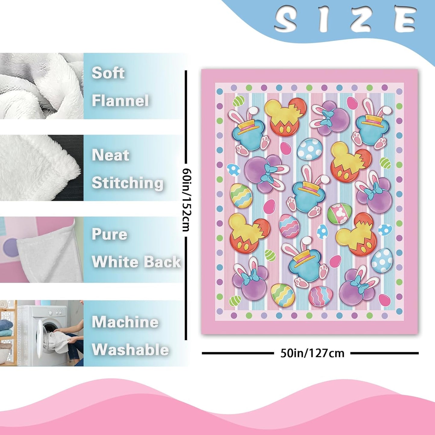 Pycat Easter Bunny Flannel Throw Blanket, Cute Easter Eggs Rabbit Gifts for Kids Men Women, Spring Pastel Soft Blanket for Bedding Sofa 50 x 60 Inch