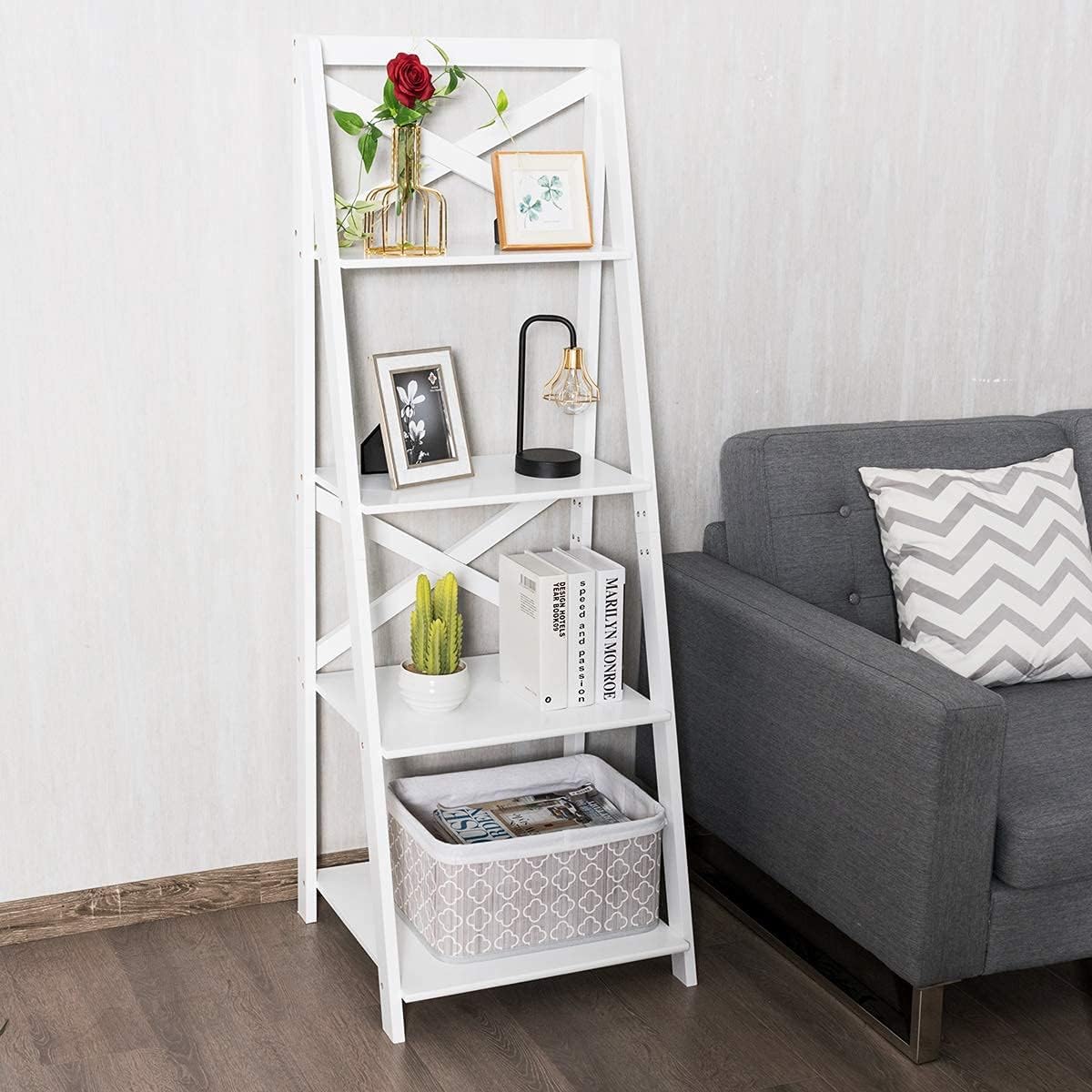 4-Layer Ladder Shelf Rack, Free Standing Wooden Bookcase, Flower Plants Display Shelf, Multifunctional Storage Bookshelf for Entryway Living Room Kitchen Bedroom Office (1, White)