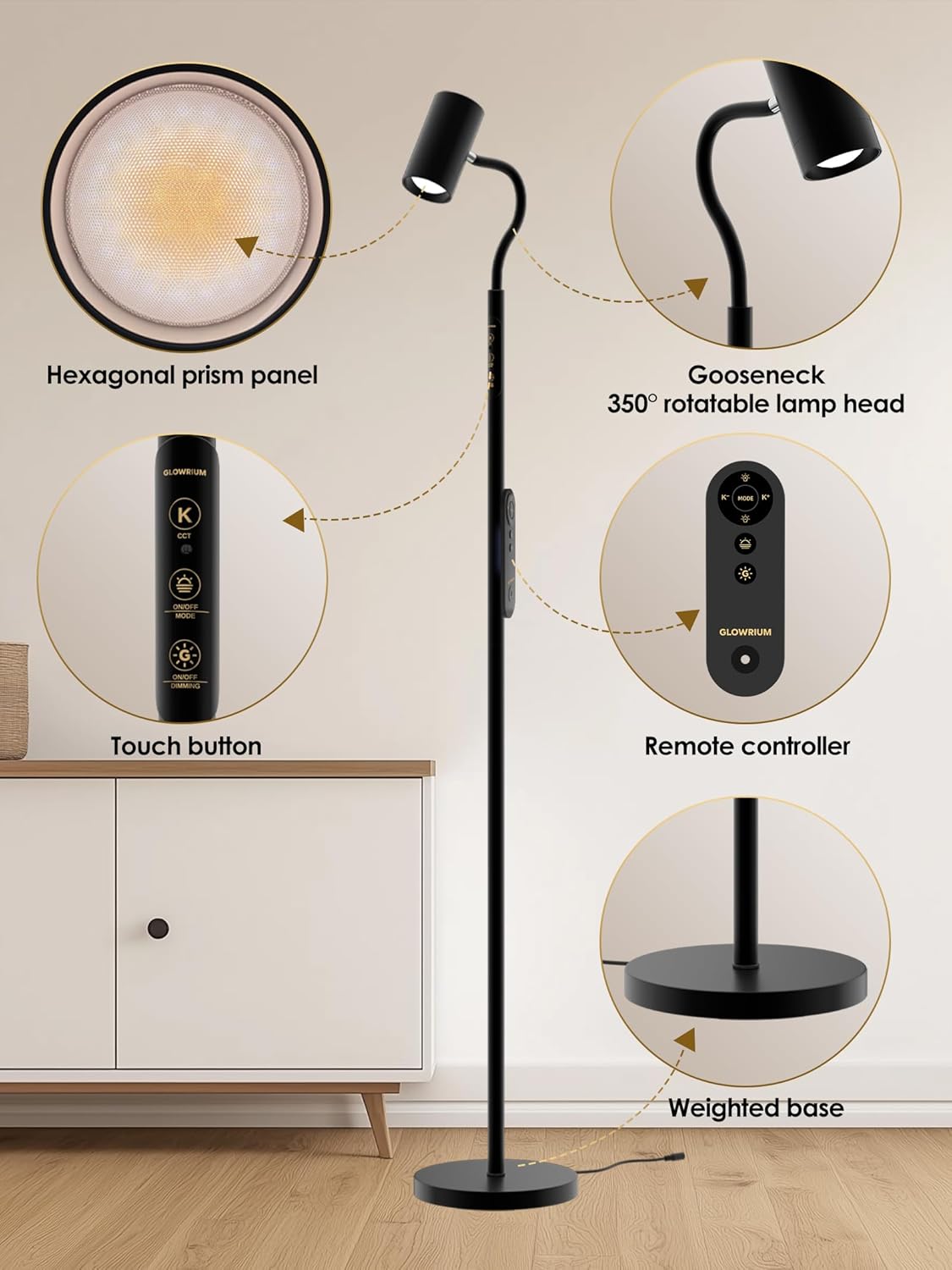 Reading Floor Lamp with Remote, 17W LED Dimmable Standing Lamp, Stepless Brightness & Color Temps, Reading Light & Mood Light, Adjustable Height Gooseneck, Corner Lamp Task lamp for Living Room Office