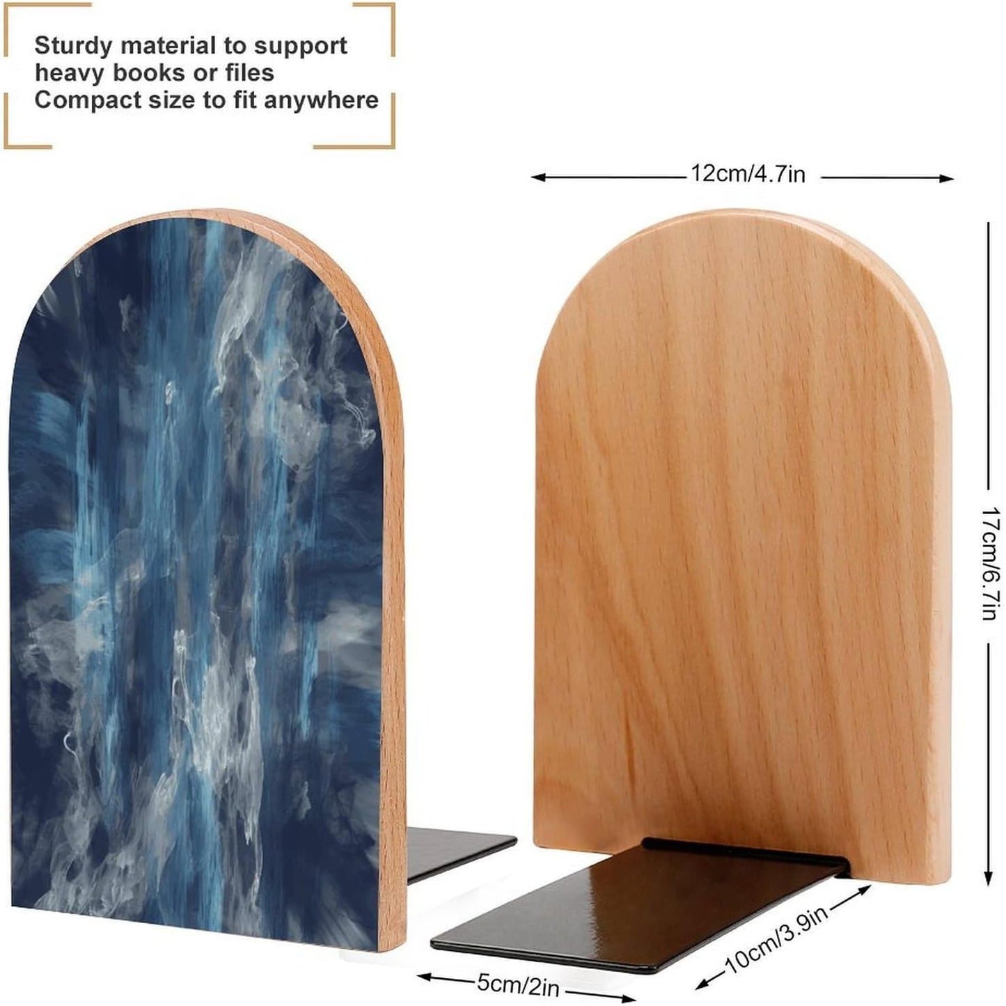 Abstract Blue Bookend for Shelves Wooden Book End Large Size Sturdy Book Holders Stoppers with Metal Base for Bookshelves Slick Decorative Bookends Stands