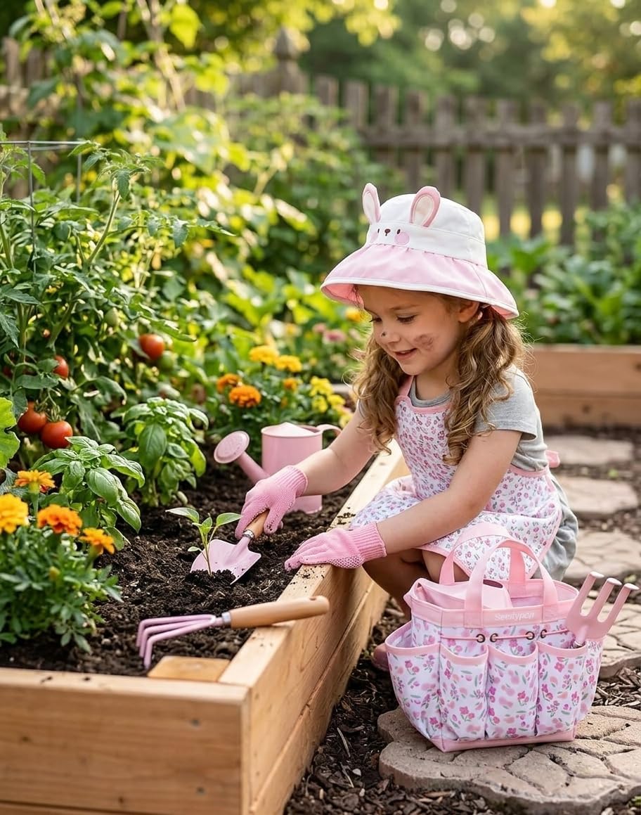 Kids Gardening Tool Set Toys - 8 Pieces Quality Garden Kit for Toddlers & Kids with Shovels, Rake, Watering Can, Hat, Apron, Gloves & Storage Bag (Pink Flower)