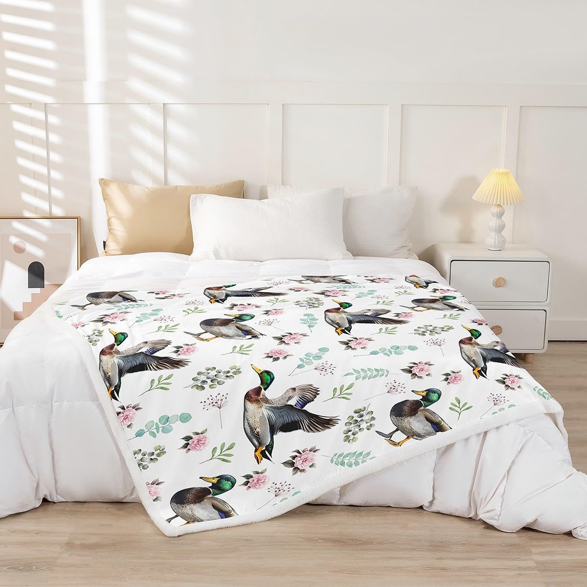 Erosebridal Mallard Duck Blanket Pink Floral Flowers Throw Blanket Throw Green Plants Leaf Fleece Blanket Country Minimalist Sherpa Blanket for Kids Girls Women Gift Decor