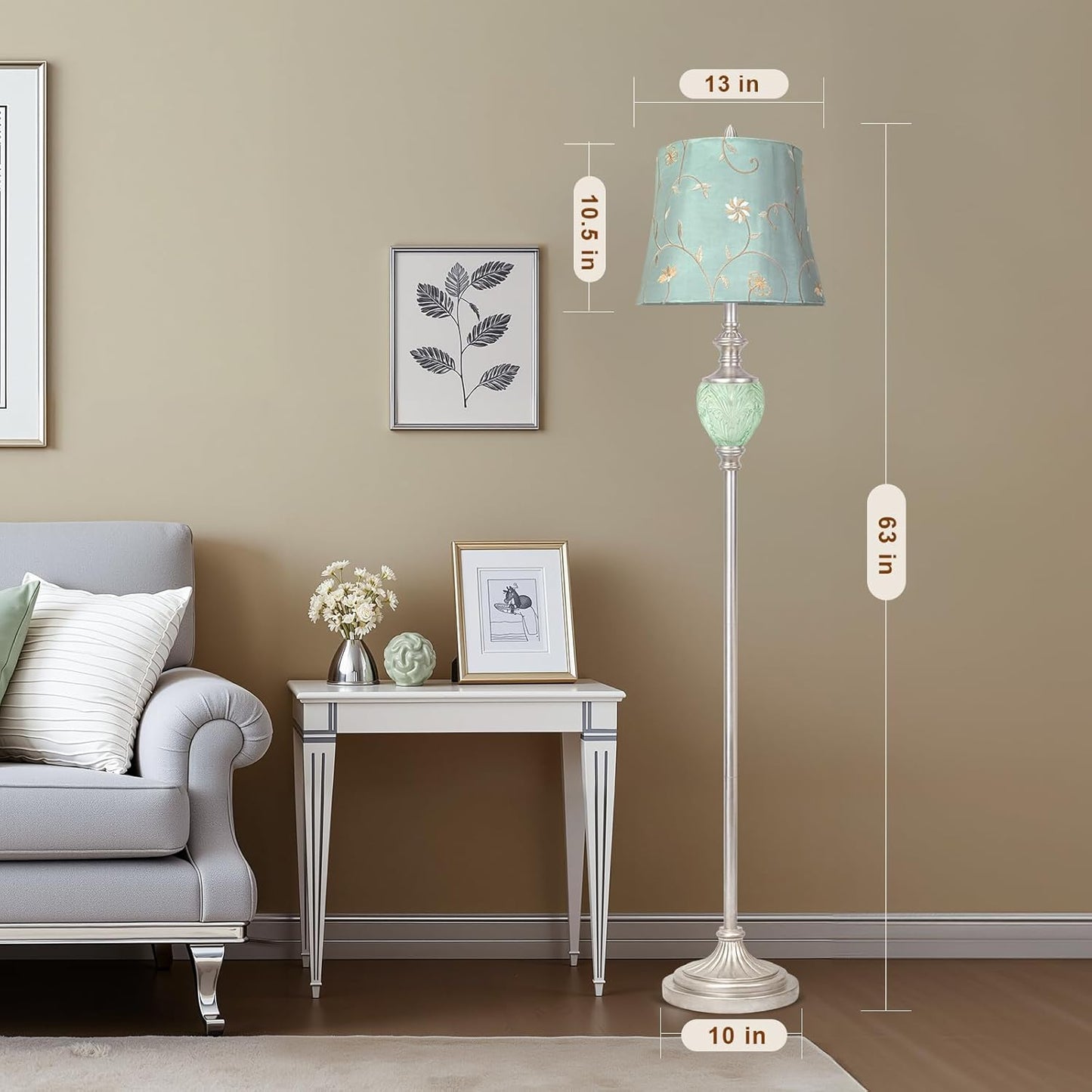 Vintage Floor Lamp for Living Room, 63" Tall Standing Lamp with Nightlight and Embroidered Shade, Farmhouse Floor Lamp with Silver Leaf Finish for Bedroom Corner, LED Bulb Included