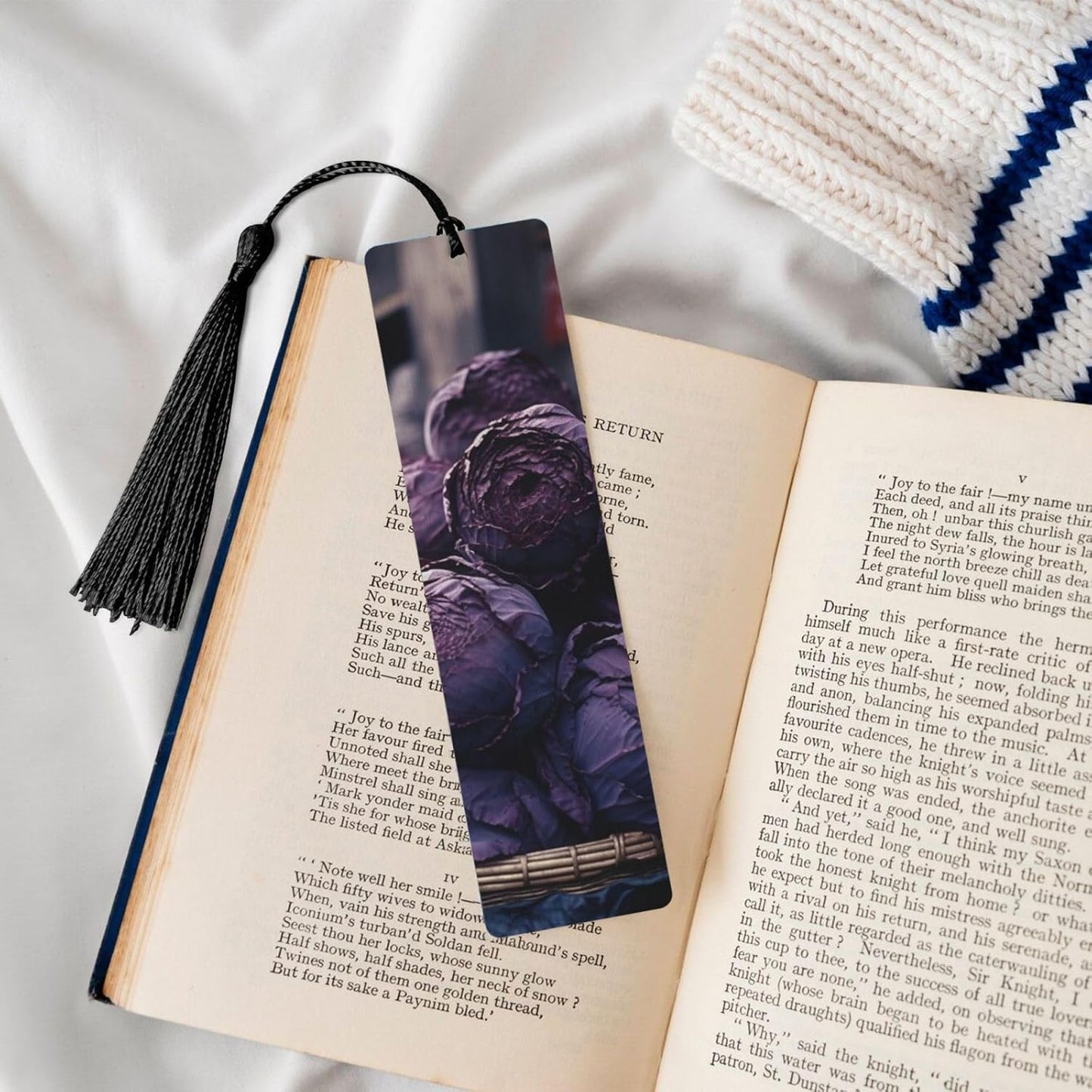 Purple Cabbage Bookmarks Gifts for Women Men, Wooden Bookmarks for Book Lovers, Vintage Book Marks Ornaments with Tassel, Unique Personalized Reading Page Markers Black