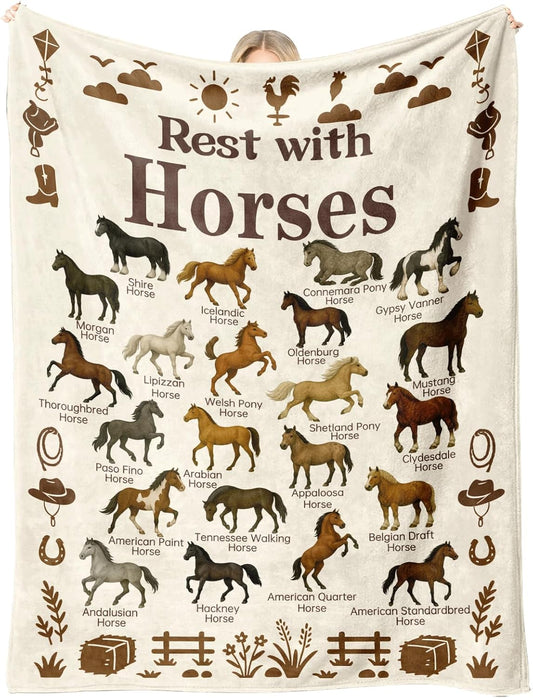 Rest with Horses Throw Blanket 50 x 60 Inch, Horse Breeds Chart Western Cowgirl Equestrian Decor, Cozy Couch Bed Dorm Blanket, Gift for Horse Lovers Girls Women, Birthday Christmas Mothers Day (hrse)