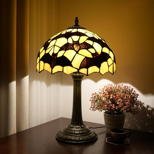 Tiffany Lamp Black Bat Style Stained Glass Table Lamp Vintage Bedroom Bedside Light for Home Dorm Office Art Craft Antique Decor Accent Aesthetic Nightstand Reading Light 12x12x19 Inches