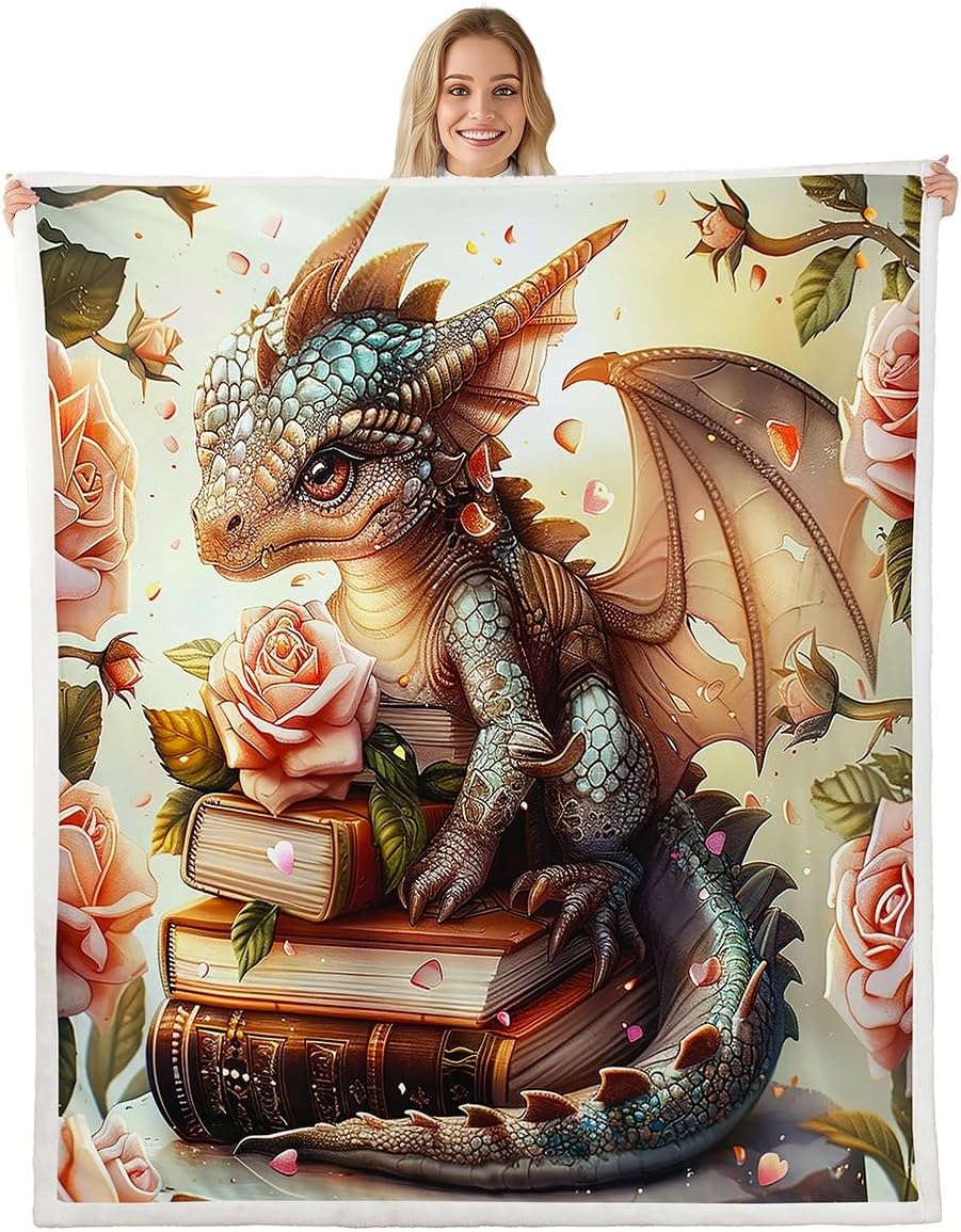 Manfei Cartoon Dragon Kids Throw Blanket,Reading Books Roses Flowers Dreamy Bed Blanket for Boys Girls,Kawaii Western Animal Fleece Blanket,Green Fuzzy Blanket,Throw Size (50 x 60 Inches)