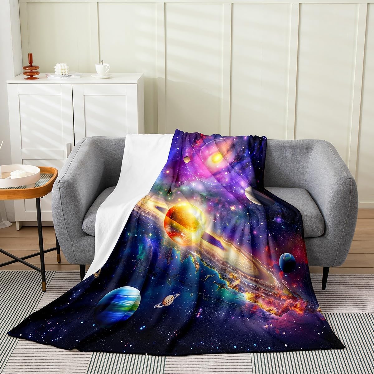 Erosebridal Outer Space Blanket Queen 90x90, Sky Galaxy Planet Stars Throw Blanket, Universe Sparkle Stars Fleece Blanket, Sapce Theme Solar System Cosmos Bed Blanket for Bedroom Living Room