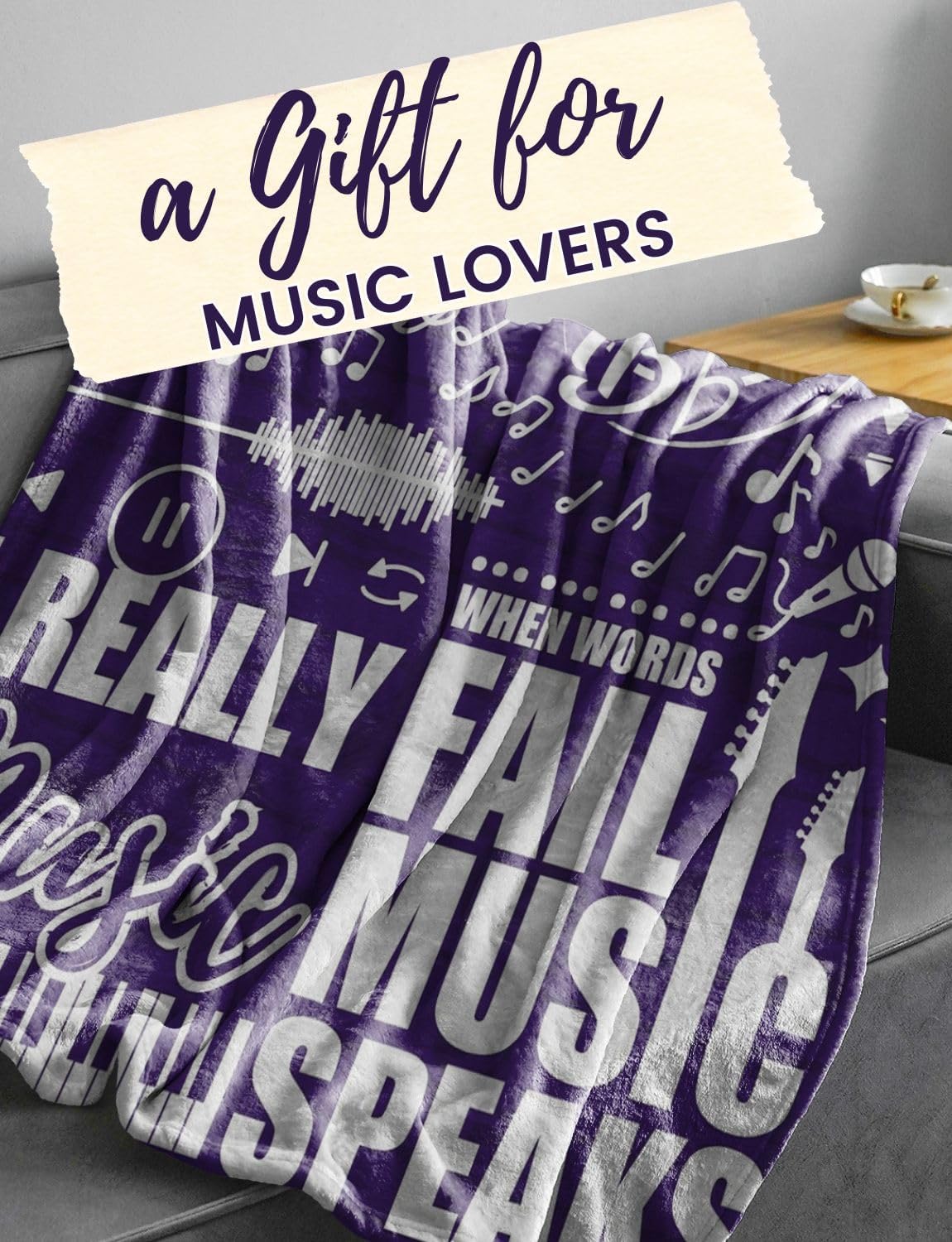 Music Gifts for Women Girls, Without Music Life Would Be Flat, Music Themed Blanket for Daughters, Coworkers, Music Teachers, Flannel Throw Blanket 50x65 Inches for Adults Teens, Purple