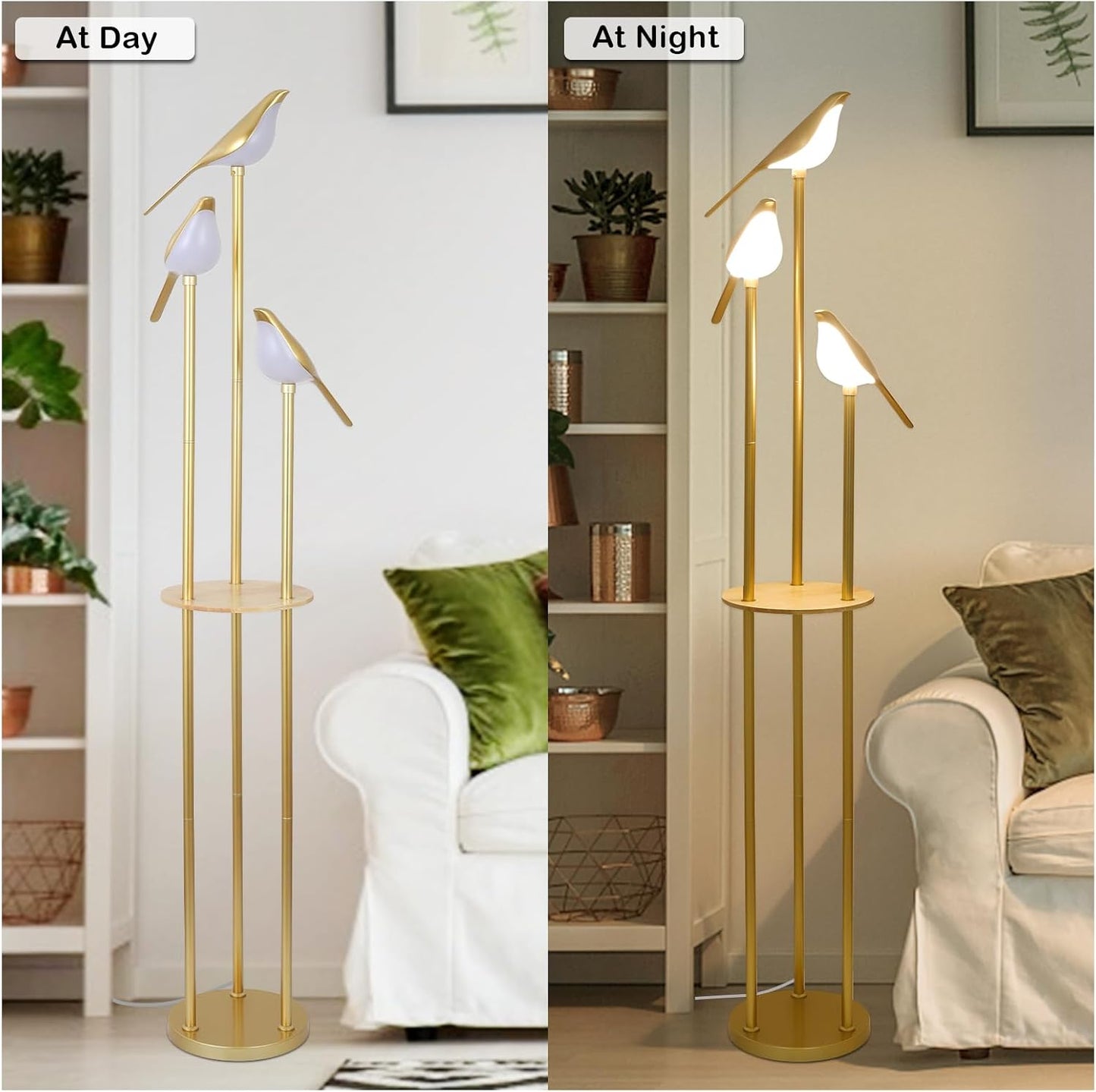 Gold Floor Lamps for Living Room, Modern Floor Lamp with Shelves, Mid Century Standing Lamp with 3 Adjustable LED Bird Lights, Corner Tall Lamp with Table, Brass Stand up Lamp for Bedroom Kids Room