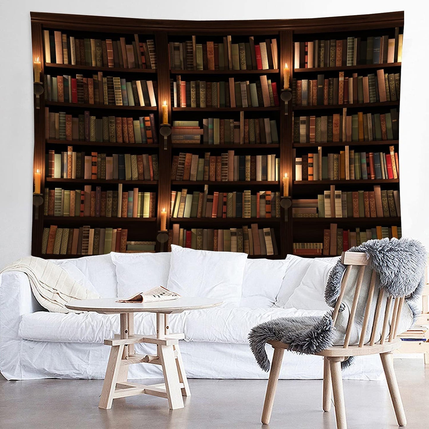 Old Bookshelf Candle Print Fabric Tapestry Decorative Wall Art Tablecloth Bedspread Picnic Blanket Beach Throw Blanket Multifunctional for Bedroom Hall Dormitory Living Room Hanging 59 x 51 inches