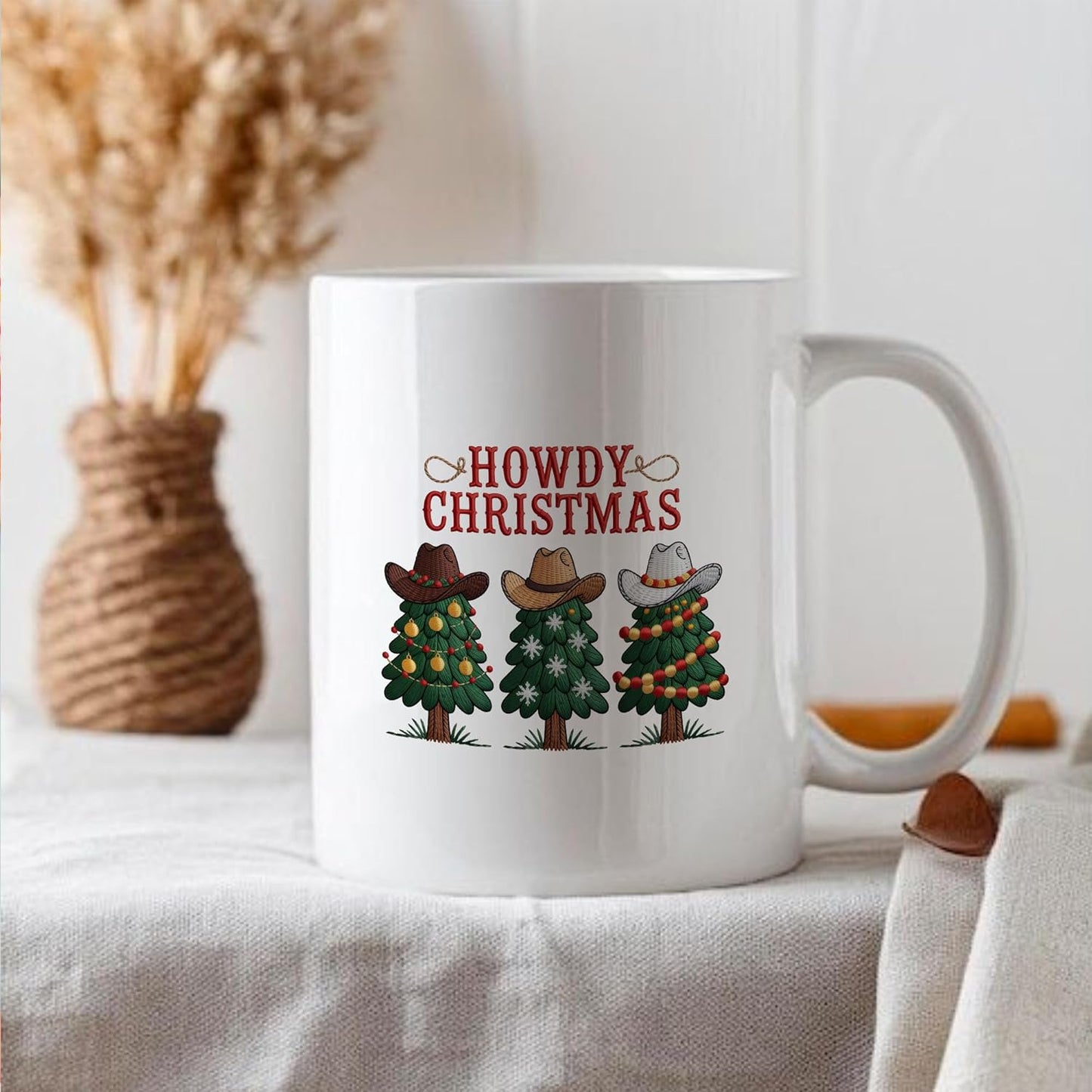 Howdy Christmas Tree Wearing Cowboy Hat Funny White Mugs, 11oz 15oz Drinking Cups, Kitchen Décor, Gifts For Book Lovers