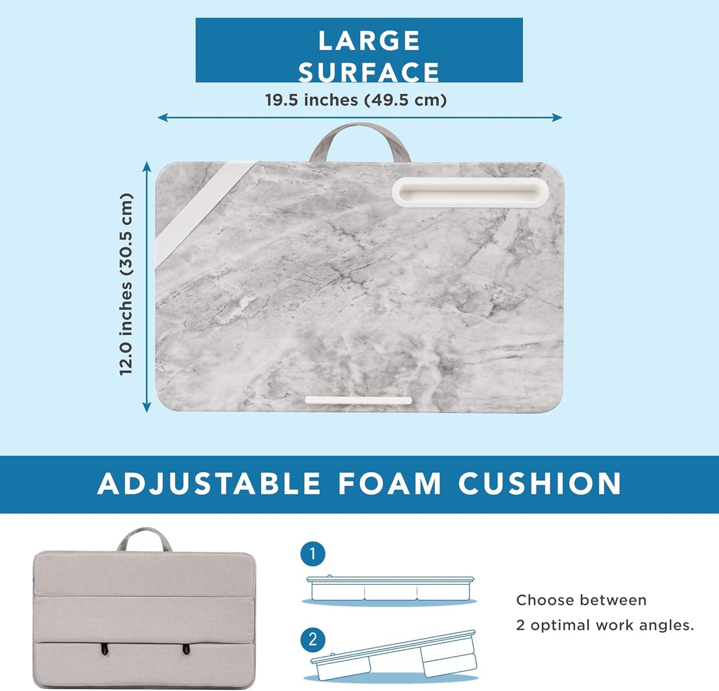 LAPGEAR Elevation Lap Desk with Device Ledge, Phone Holder, and Booster Cushion - White Marble - Fits up to 15.6 Inch Laptops - Style No. 87966