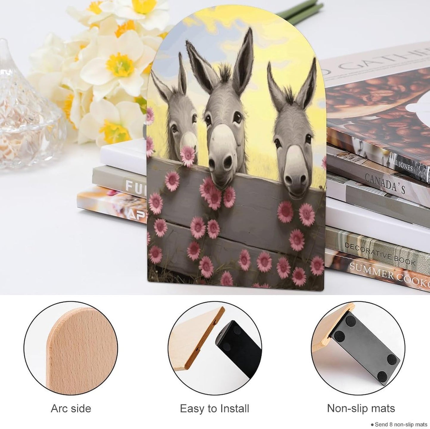 Donkey and Flower Bookend for Shelves Wooden Book End Large Size Sturdy Book Holders Stoppers with Metal Base for Bookshelves Slick Decorative Bookends Stands