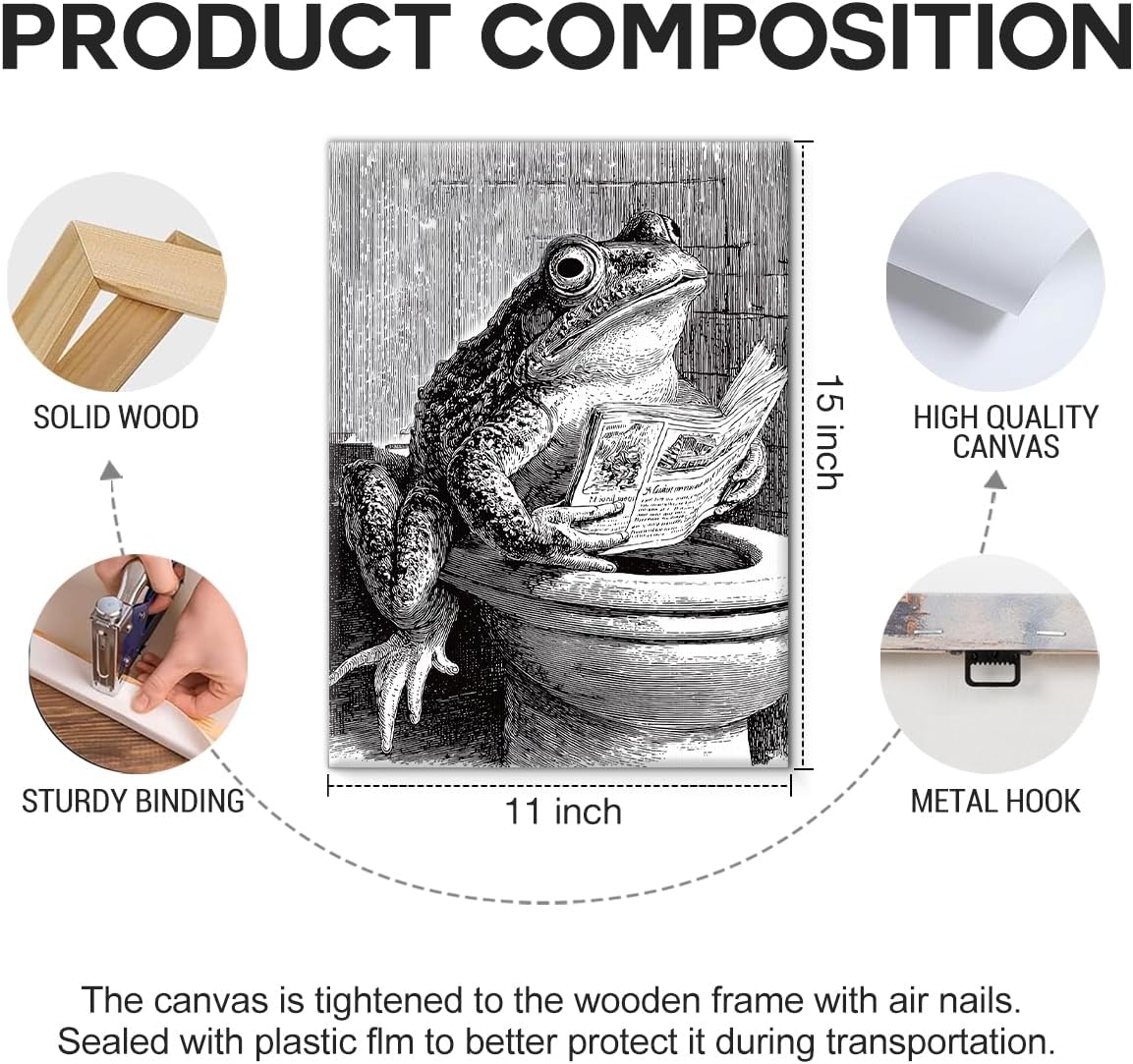 Funny Retro Toad Bathroom Wall Art Toad Reading Newspaper on Toilet Canvas Print Poster Funny Animal Bathroom Wall Decor 11x15 Inch Framed