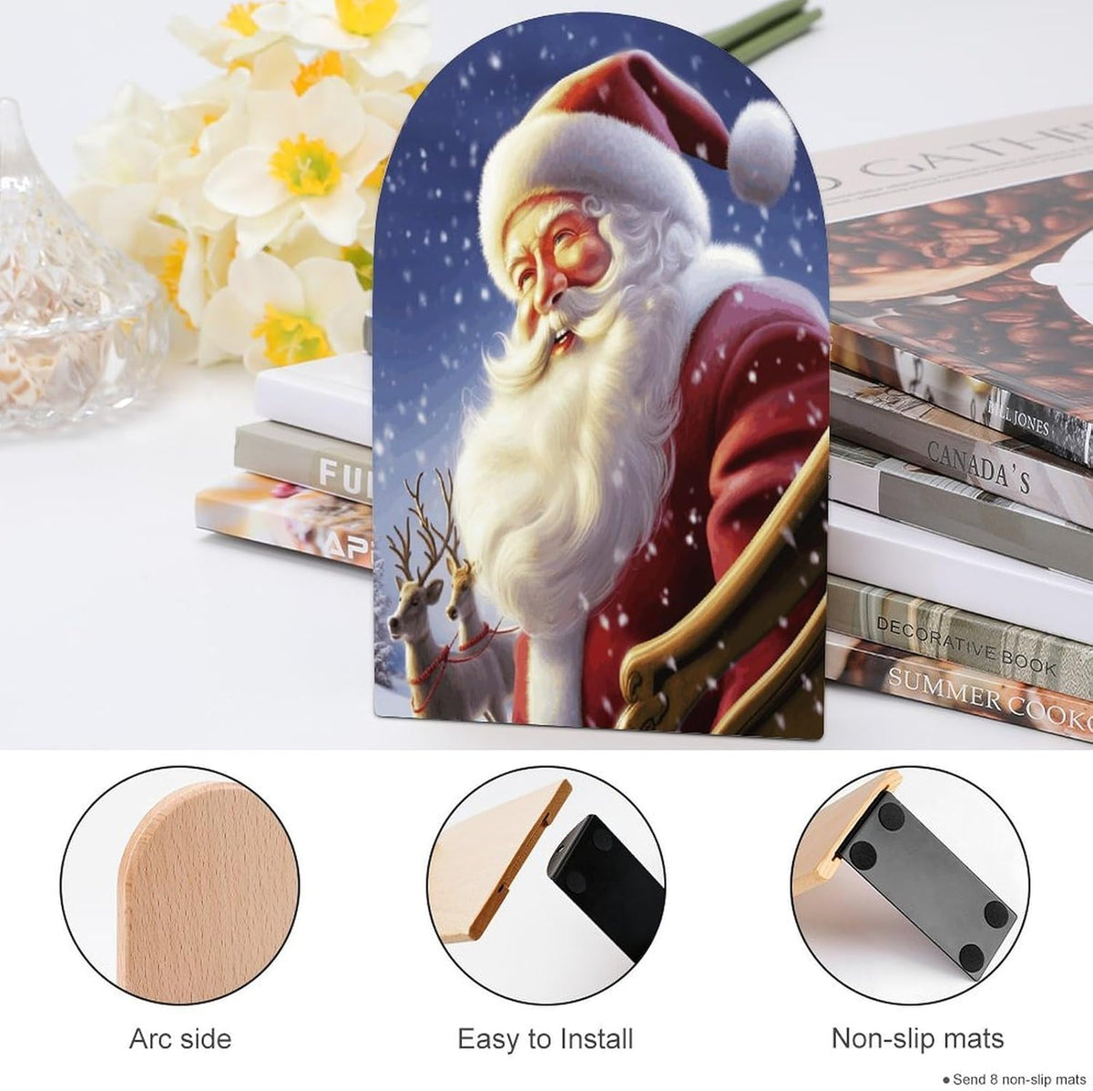 Santa Claus Wooden Bookend Non-Slip Book Ends Heavy Duty Book Stopper with Metal Base Books Holderd Decorative Bookends Stands Firmly for Office Supplies