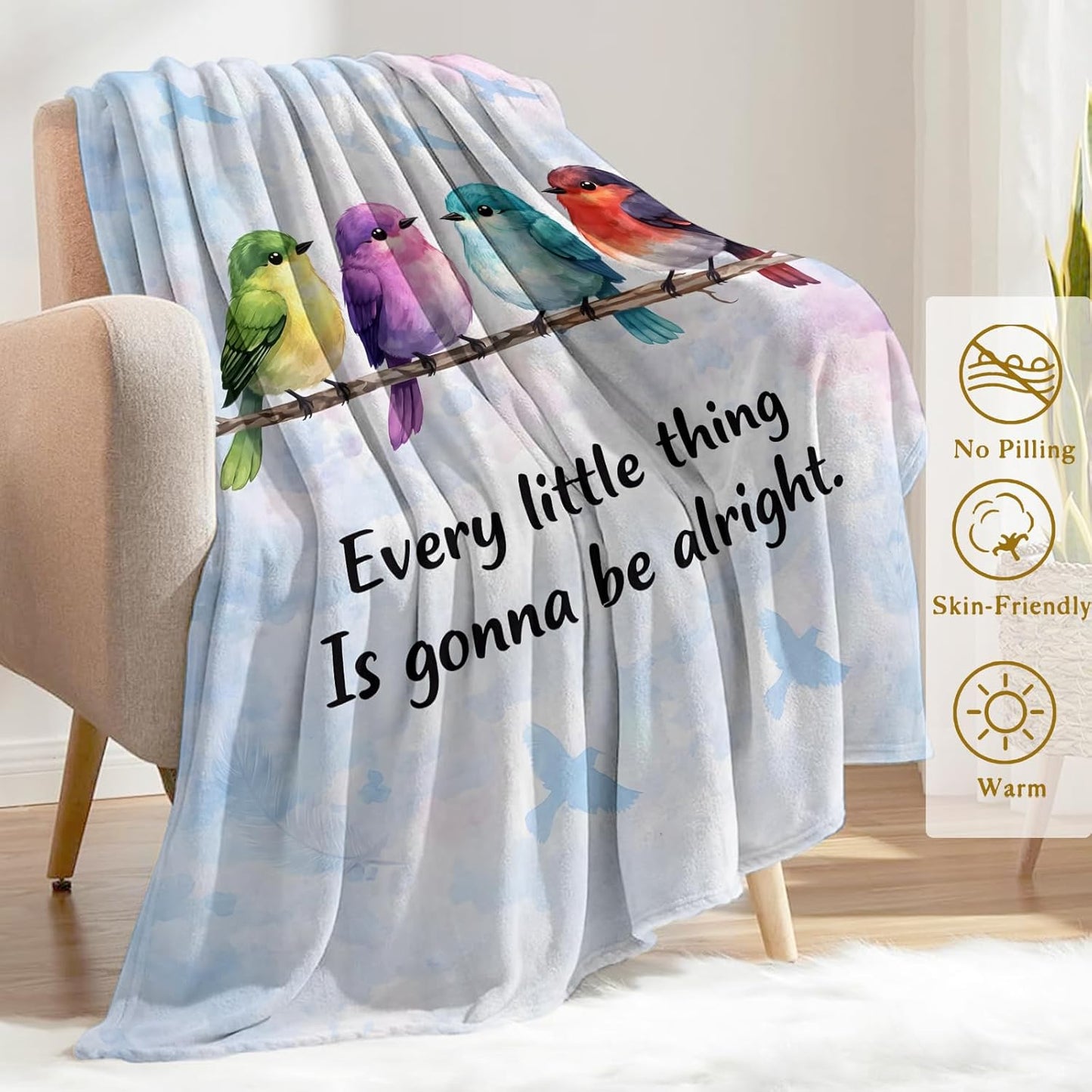 Colorful Bird Fleece Throw Blanket 50x60 Inch,Positive Songbird and Branch Decorative Throws,Soft Lightweight Blankets for Bedroom Sofa Reading Corner,Cozy Gifts for Women Teens Kids