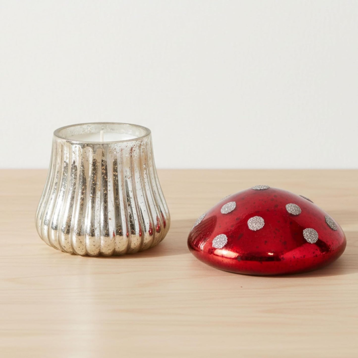 Glass Candle Accent – Candle for Relaxed Ambience, Living Room or Bedroom Shelf or Table, Whimsical Mushroom Shape Home Decor With Cinnamon Scent Glow – 6" / 12 oz, Red & Silver Finish